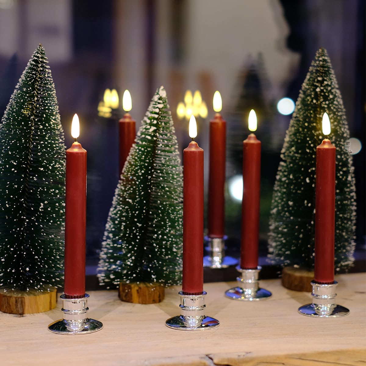 6 Pack Real Wax Burgundy Red Flameless LED Candles - 8 Inch Battery Operated Window Candles with Remote Timer & Silver Candlesticks | Perfect for Christmas Decor, Wedding Centerpieces & Home Ambiance Lighting