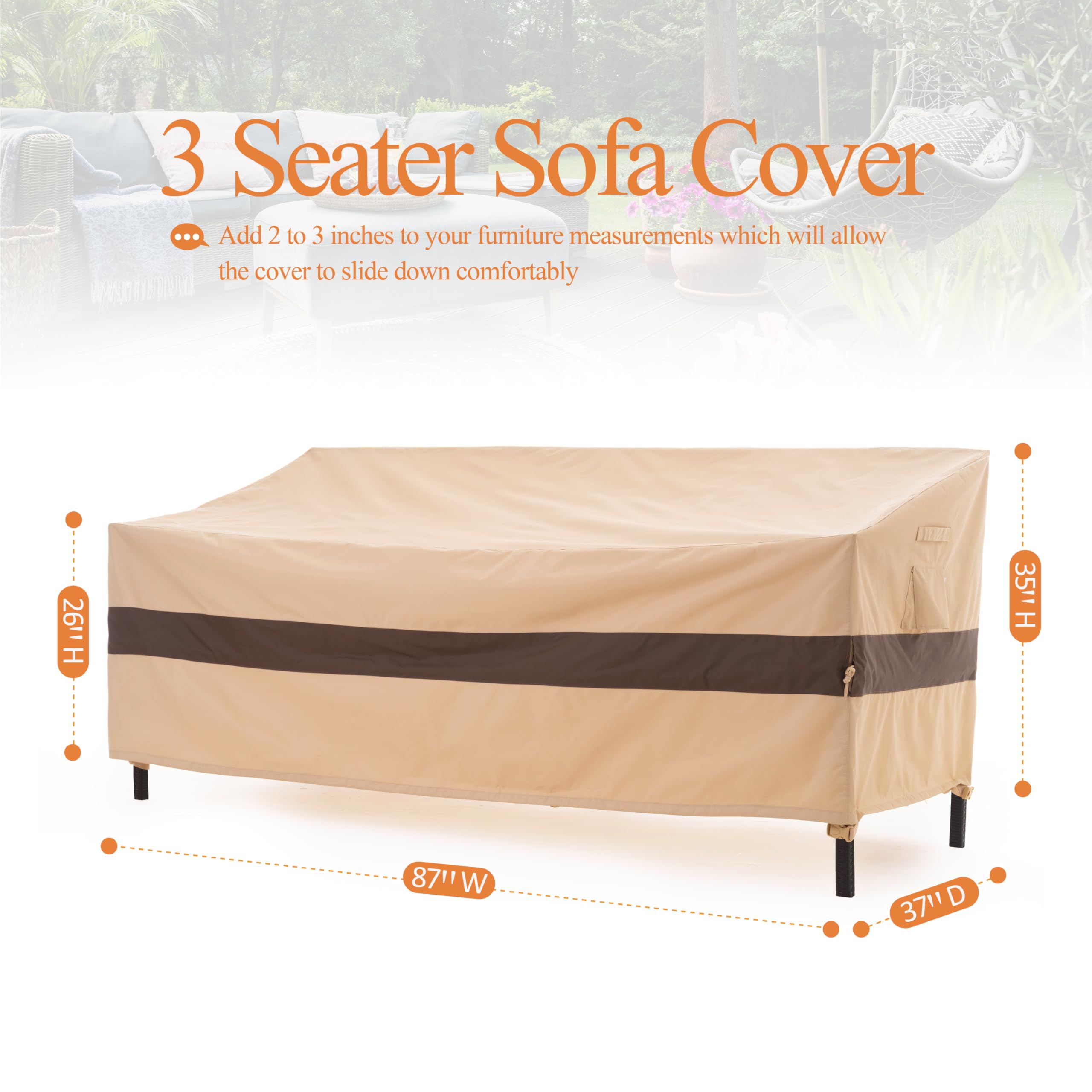 Heavy Duty 3-Seater Outdoor Sofa Cover - Waterproof & Wind Resistant Patio Couch Cover (87