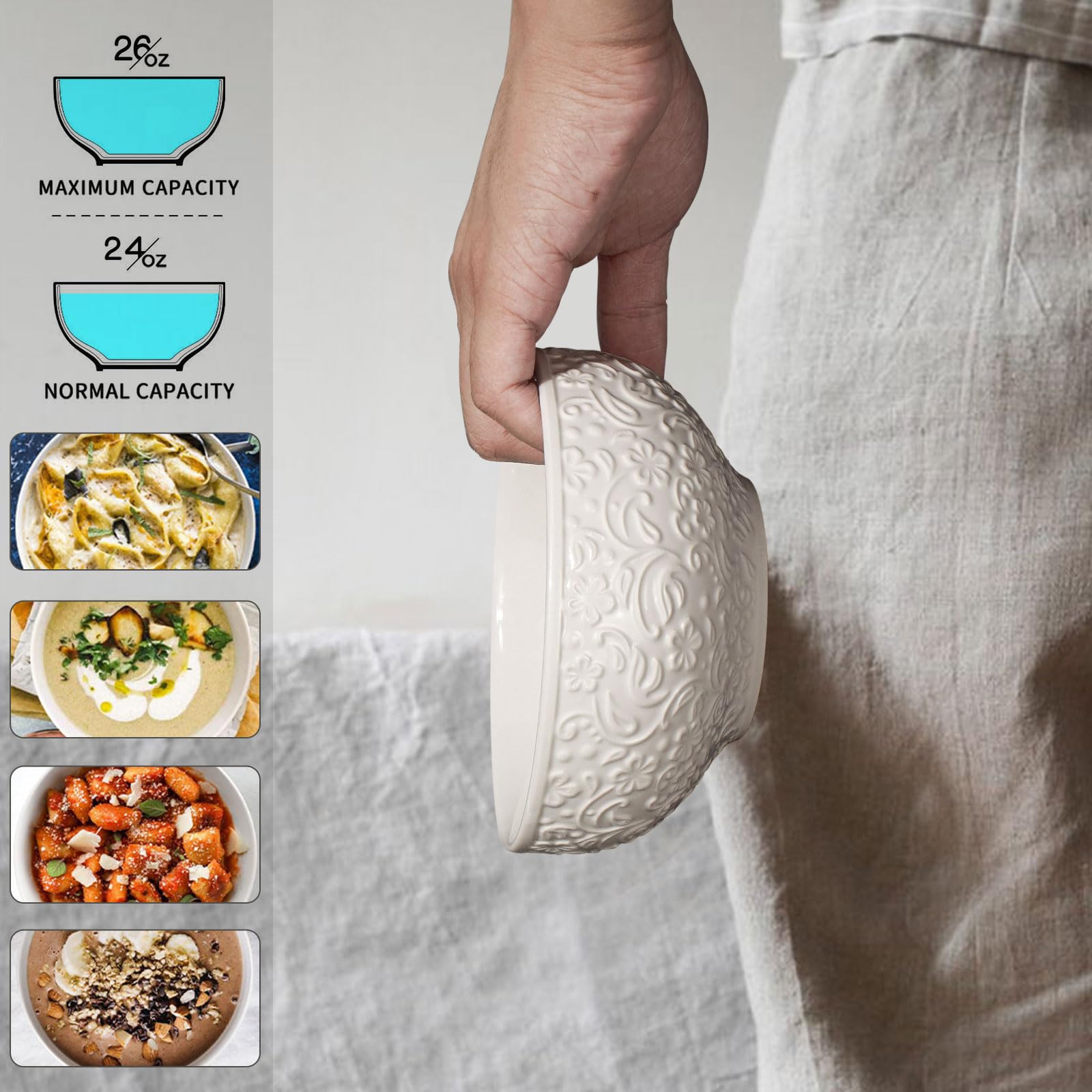 Artena 26oz Ceramic Bowls Set of 6 - Embossed Flower Design Soup & Cereal Bowls for Rice, Pasta, Salad | Microwave & Dishwasher Safe White Dinnerware | Perfect for Breakfast, Lunch, Dinner & Entertaining