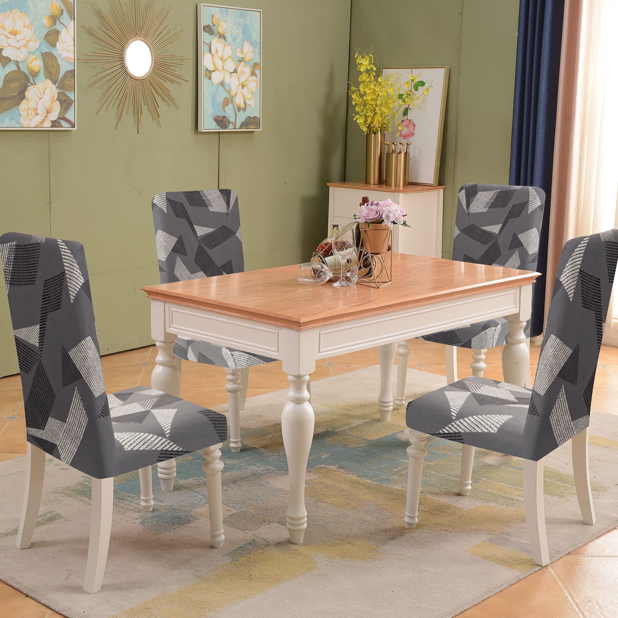 Stretchable Spandex Dining Chair Covers Set of 6 - Grey Triangle Pattern Slipcovers for Kitchen, Parsons & Dining Room Chairs | Washable Fabric Protectors for Home, Restaurant & Office Use