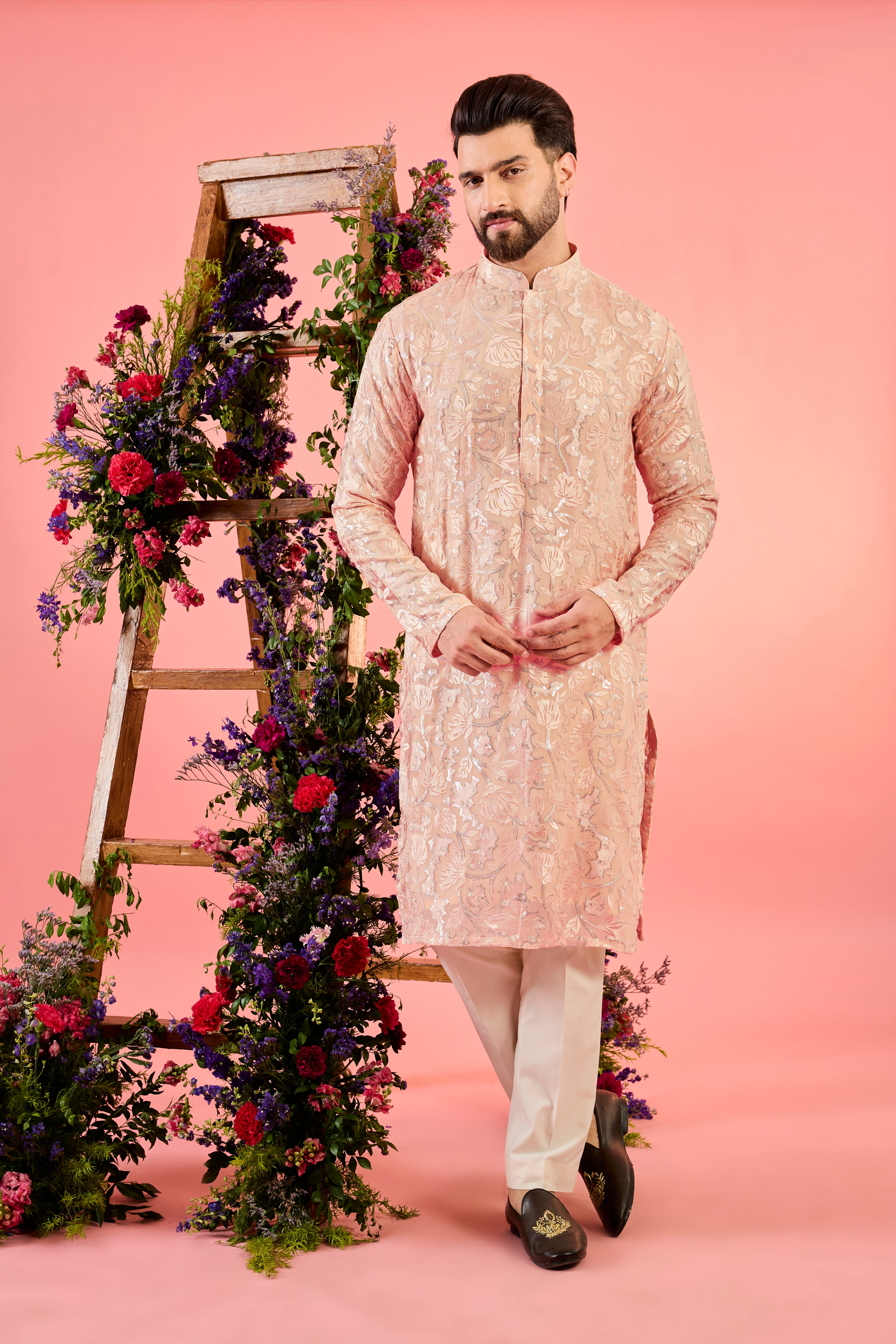 Peach Chinkari Kurta with Intricate Floral Embroidery - Elegant Indian Traditional Dress for Women - Perfect for Festivals, Weddings & Special Occasions
