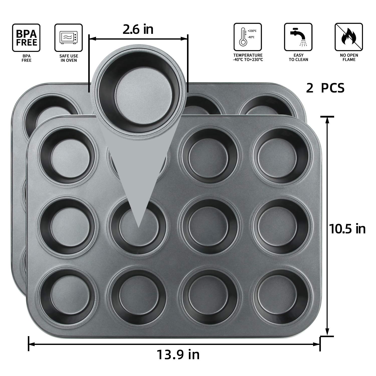 Nonstick 12-Cup Muffin Pan Set (2 Pack) - Premium Cupcake & Brownie Baking Tray for Oven, 13.9 x 10.5 x 1.2 Inch Black Bakeware - Perfect for Birthday Parties, Holiday Baking & Homemade Desserts