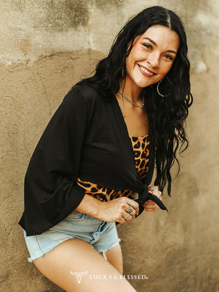 Lucky & Blessed T0725 Women's Front Tie Flare Sleeve Crop Top - Black | Stylish Summer Casual Blouse for Outfits, Beach & Party Wear
