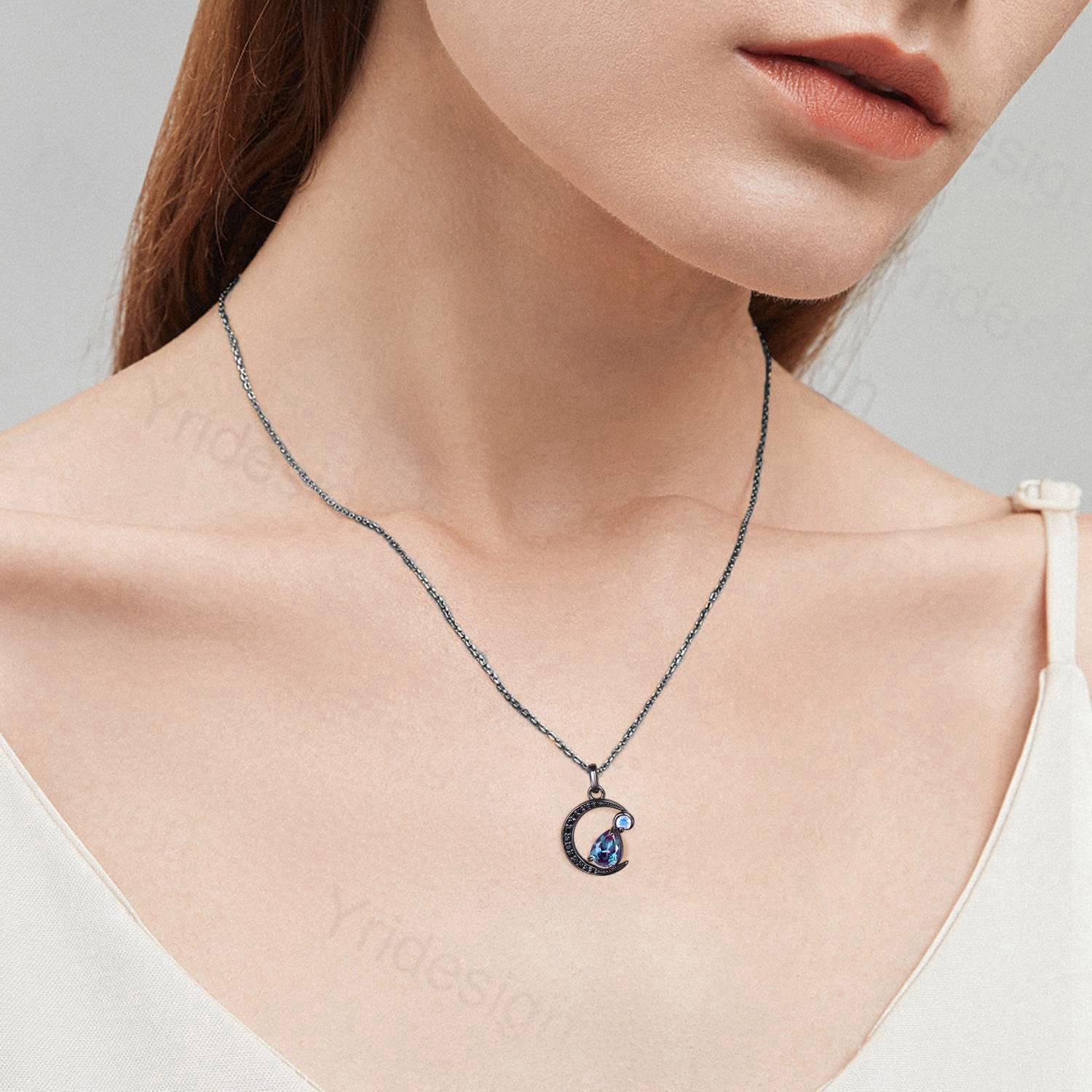 Magic Crescent Moon Black Gold Teardrop Alexandrite Necklace | Gothic Pendant Jewelry | June Birthstone & Black Spinel Necklace | Anniversary Gift for Her | Perfect for Gothic Weddings, Date Nights & Birthday Presents