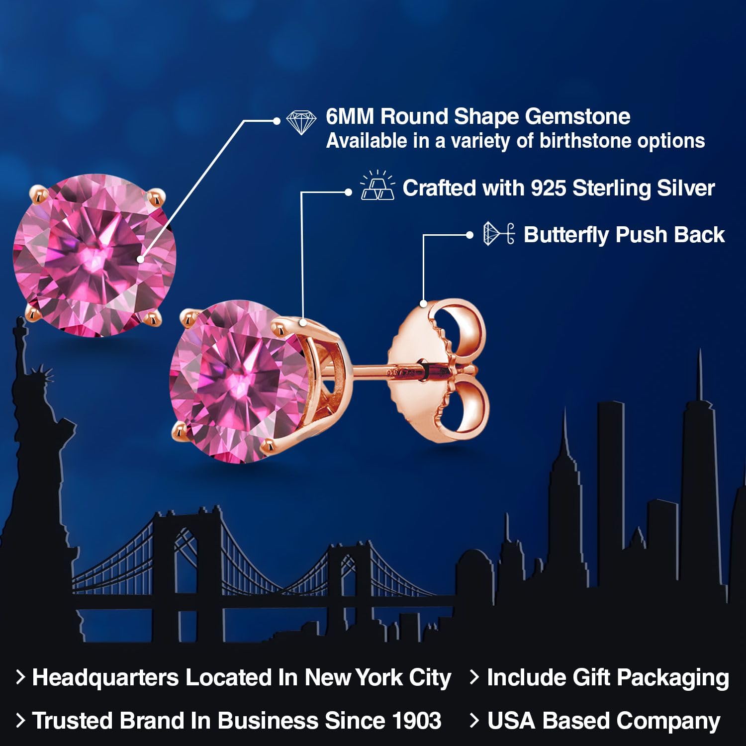 18K Rose Gold Plated Silver 6MM Round Gemstone Birthstone Stud Earrings for Women & Men | Personalized Zodiac Jewelry Gift for Birthday, Anniversary & Special Occasions