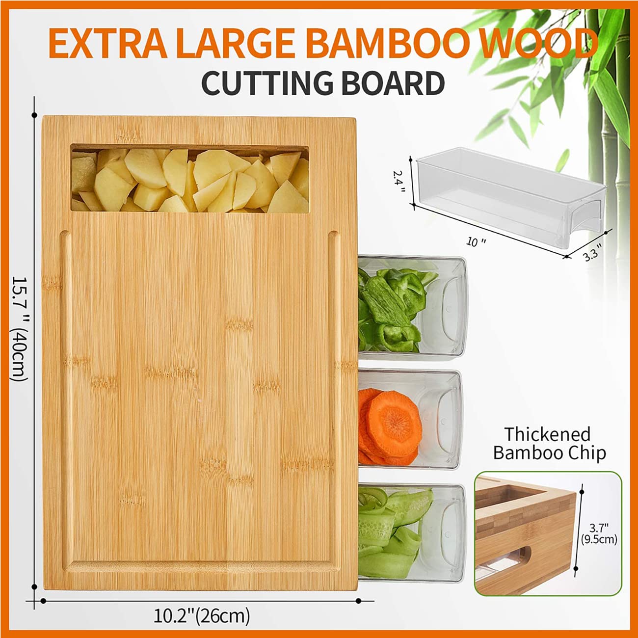 Premium Bamboo Cutting Board with Storage Containers & Lids - 4-in-1 Kitchen Chopping Station with Juice Grooves, 4 Multi-Functional Graters & Food Sliding Opening - Perfect for Meal Prep, Cooking & Entertaining