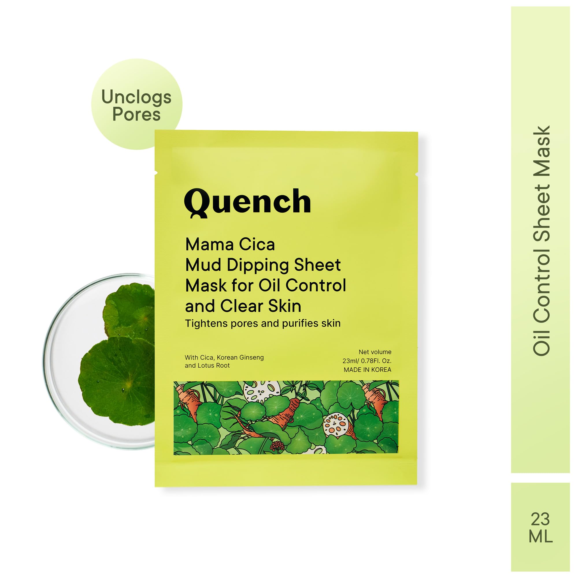Quench Mud Sheet Mask with Cica Herb Repair | Korean Clay Face Mask for Oily & Acne-Prone Skin | Pore Tightening & Oil Control | Deep Cleansing & Skin Repair | Made in Korea (Pack of 1, 23ml) | Perfect for Spa Night & Post-Workout Skin Care