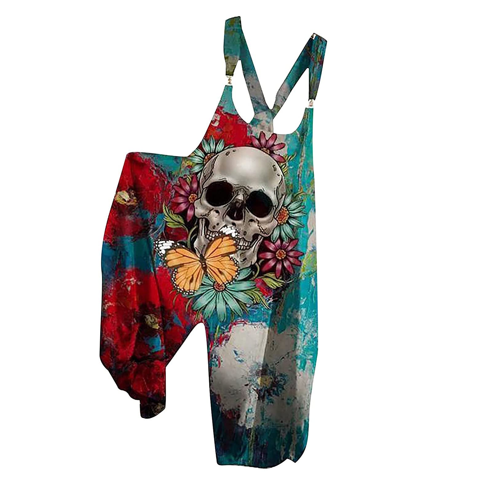 NAMTYQX Women's Halloween Overalls - Cotton Linen Baggy Wide Leg Pants, Loose Fit Romper Jumpsuit with Skull Print - Perfect for Halloween Costumes, Cosplay & Casual Wear
