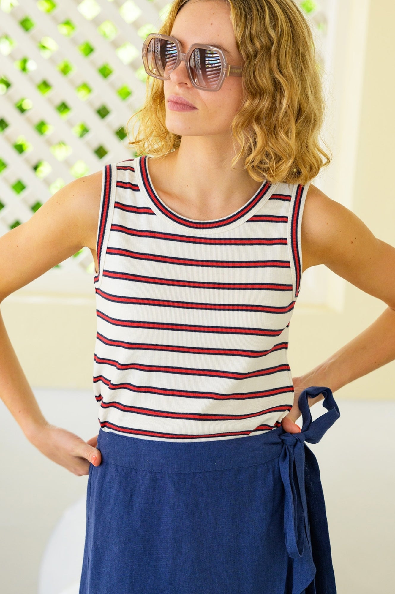 Premium Stripe Tank Top for Women - Soft Breathable Cotton, Cream/Red/Navy - Perfect for Summer, Beach, Gym & Casual Wear