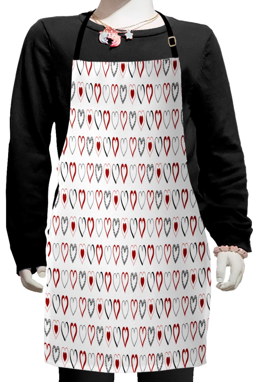 Ambesonne Love Apron - Hand Drawn Doodle Hearts Design, Valentine's Day Romantic Kitchen Apron with Adjustable Ties for Baking, Cooking, Painting & Crafting - Small Size Ruby Black White Pattern - Perfect for Home Chefs, Artists & DIY Enthusiasts