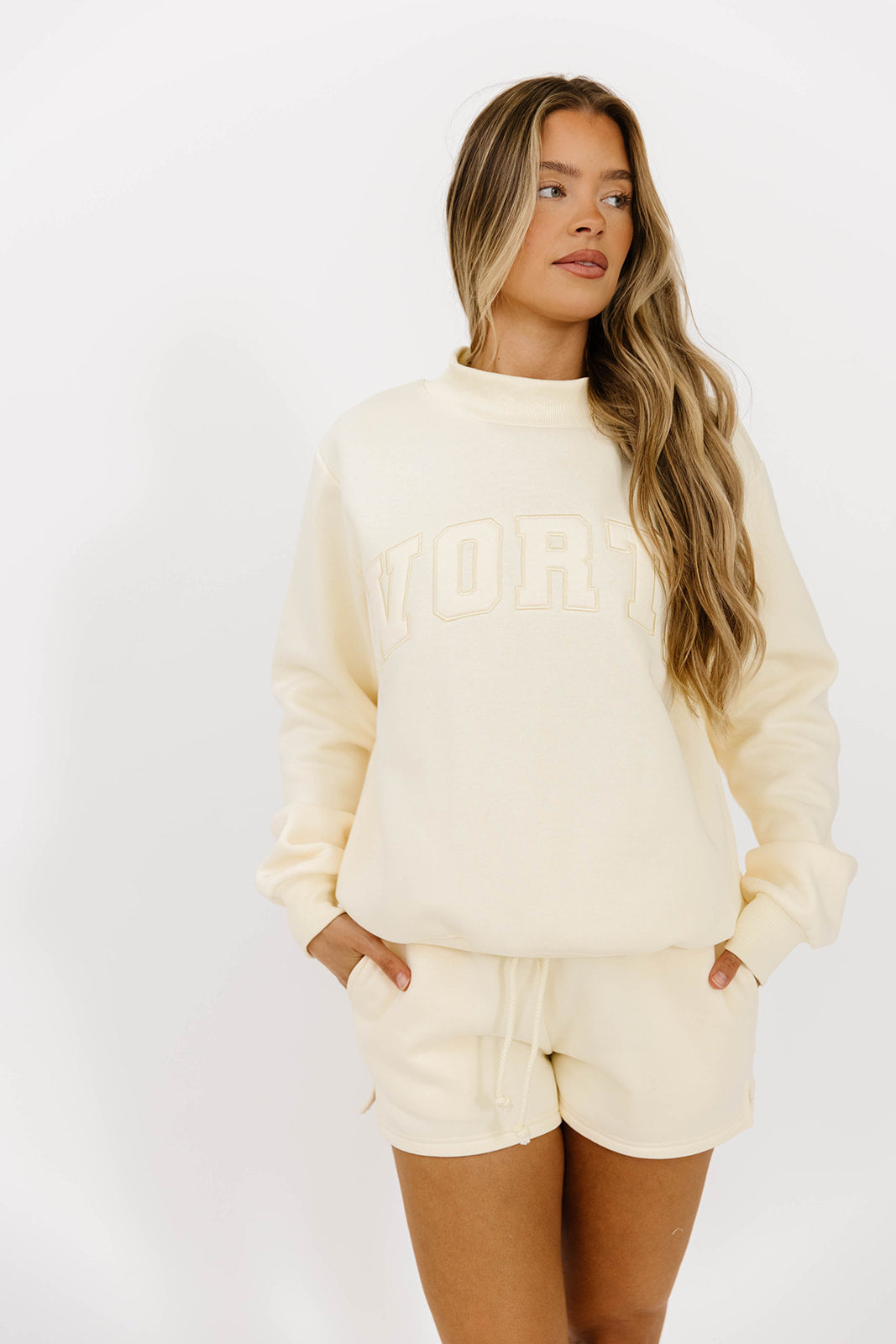 WORTH Tone On Tone Embroidered Mockneck Sweatshirt in Toasted Cream | Women's Casual Pullover | Perfect for Fall Layering & Coffee Dates