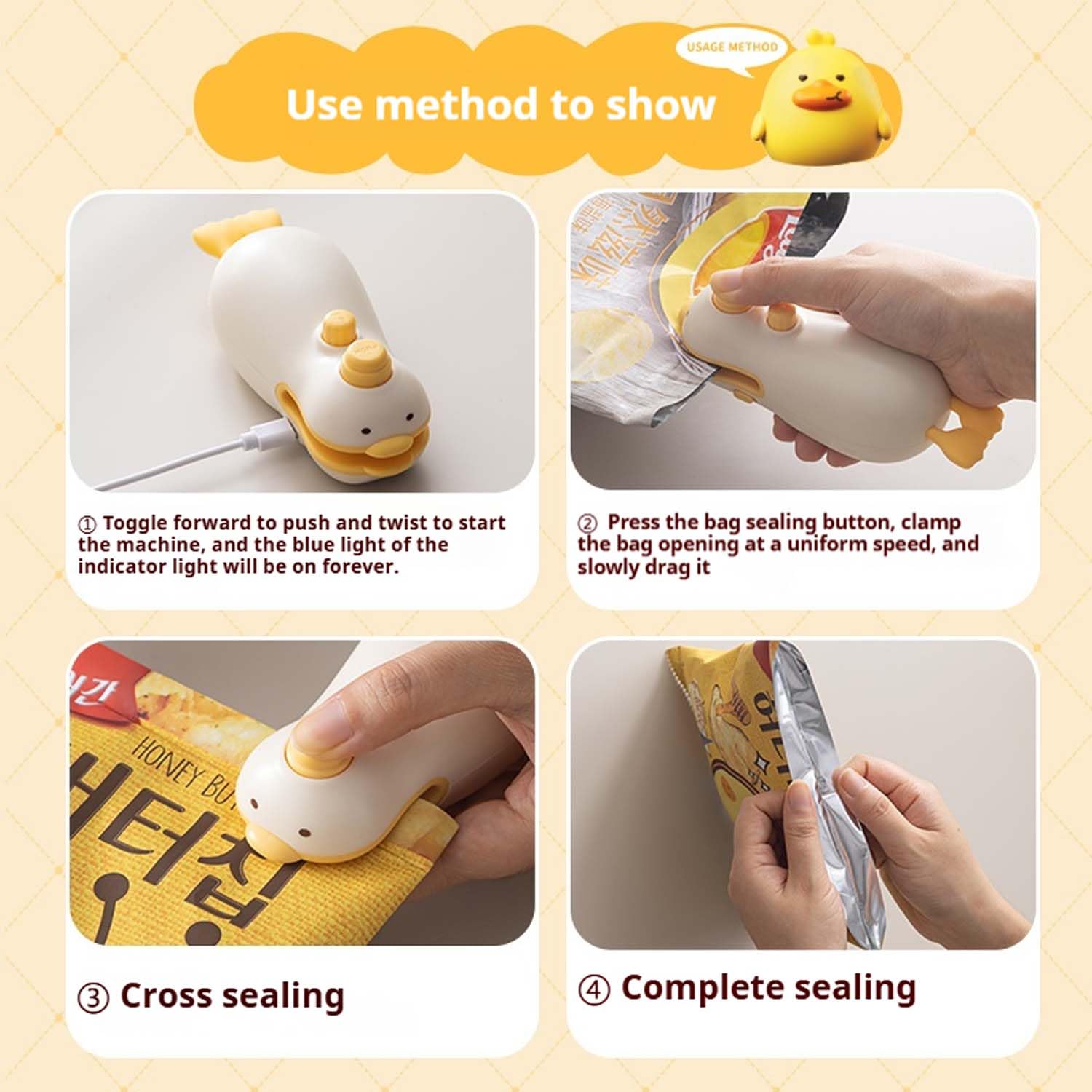 3-in-1 Mini Bag Sealer with Rechargeable Heat Sealer, Built-in Cutter & Magnet | Yellow Plastic Food Saver | Perfect for Snacks, Leftovers, Chips, Coffee & Home Organization | Kitchen, Travel & Office Use
