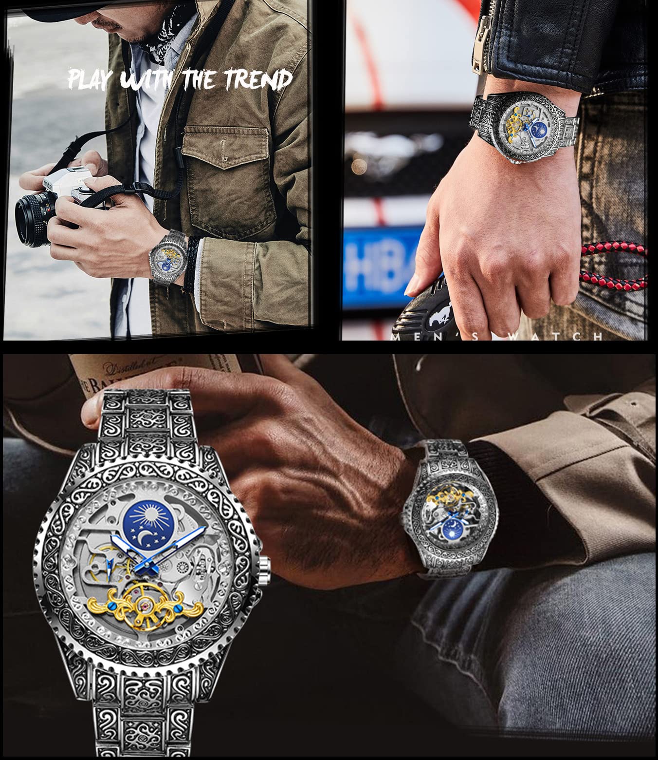 Mechanical Skeleton Watch for Men - Auto Wind Moonphase - Tattoo Pattern - FH094 - Perfect for Formal & Casual Wear