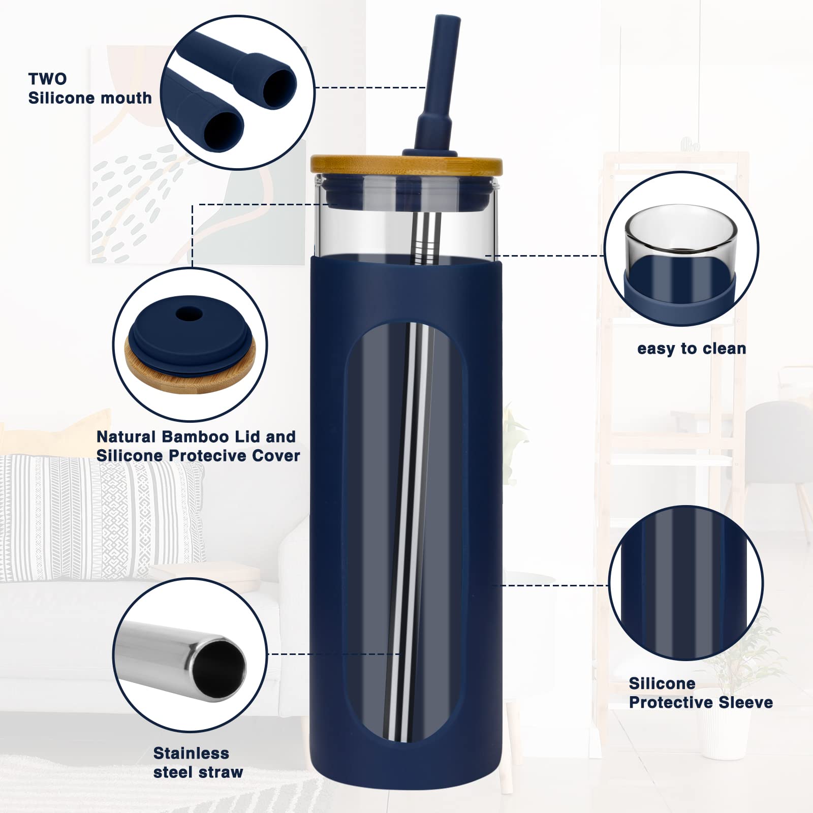 26oz Glass Tumbler with Bamboo Lid & Straw - Spill Proof Glass Cup for Boba Tea, Iced Coffee, Smoothies - BPA Free, Dishwasher Safe with Silicone Sleeve - Perfect for Office, Gym, Travel & Outdoor Activities