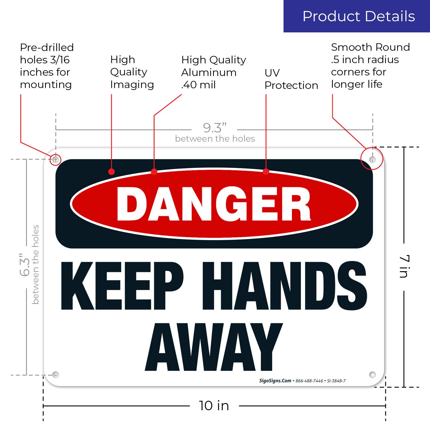 Danger Keep Hands Away Sign - OSHA Compliant 10x7 Inches Rust-Free .040 Aluminum Safety Sign - Fade Resistant for Indoor & Outdoor Use - Made in USA - Perfect for Construction Sites, Warehouses & Hazardous Areas