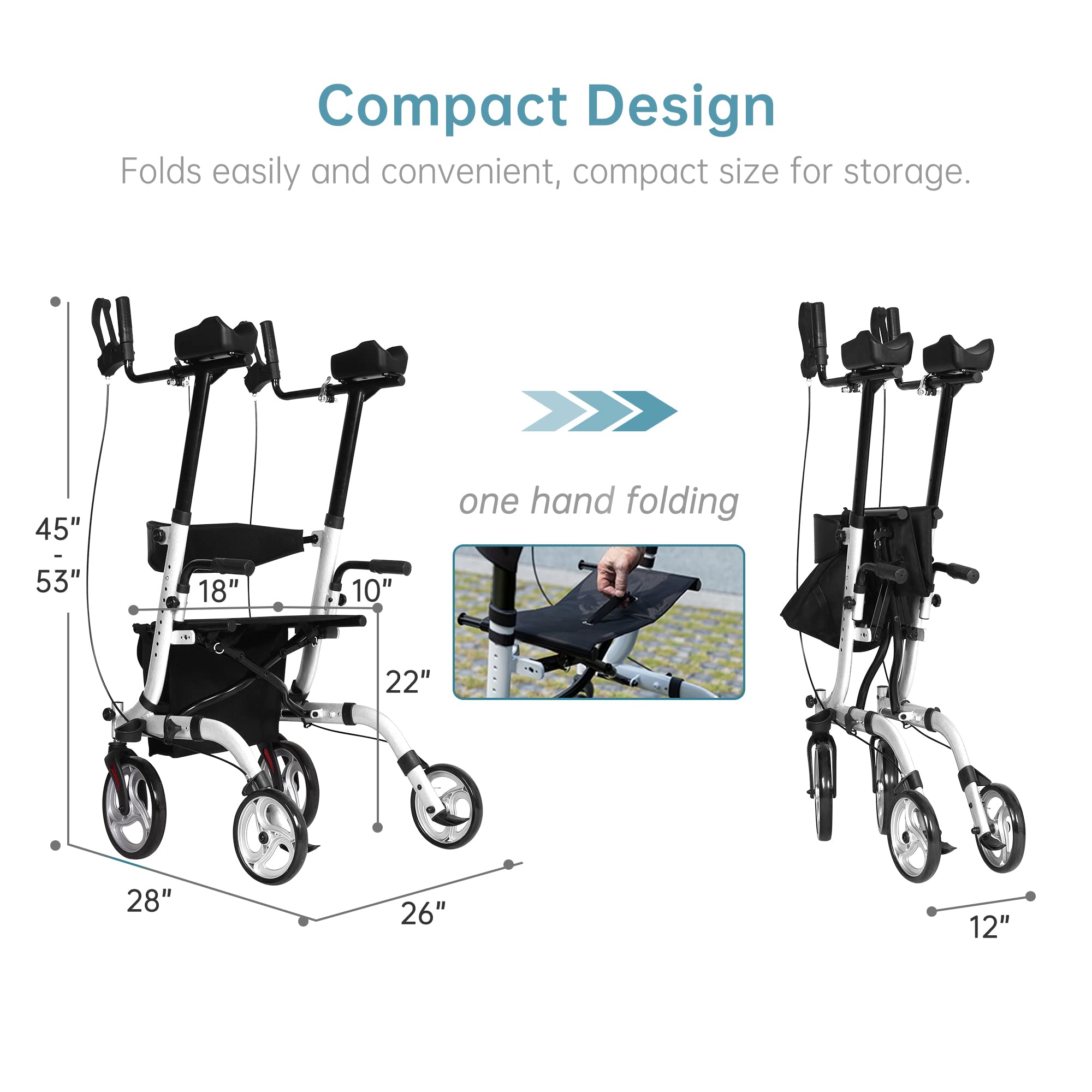 ELENKER Upright Walker with Seat - Foldable Rolling Mobility Aid for Seniors & Adults, Adjustable Height & Padded Armrests - Ideal for Indoor/Outdoor Use, Shopping & Rehabilitation (White)