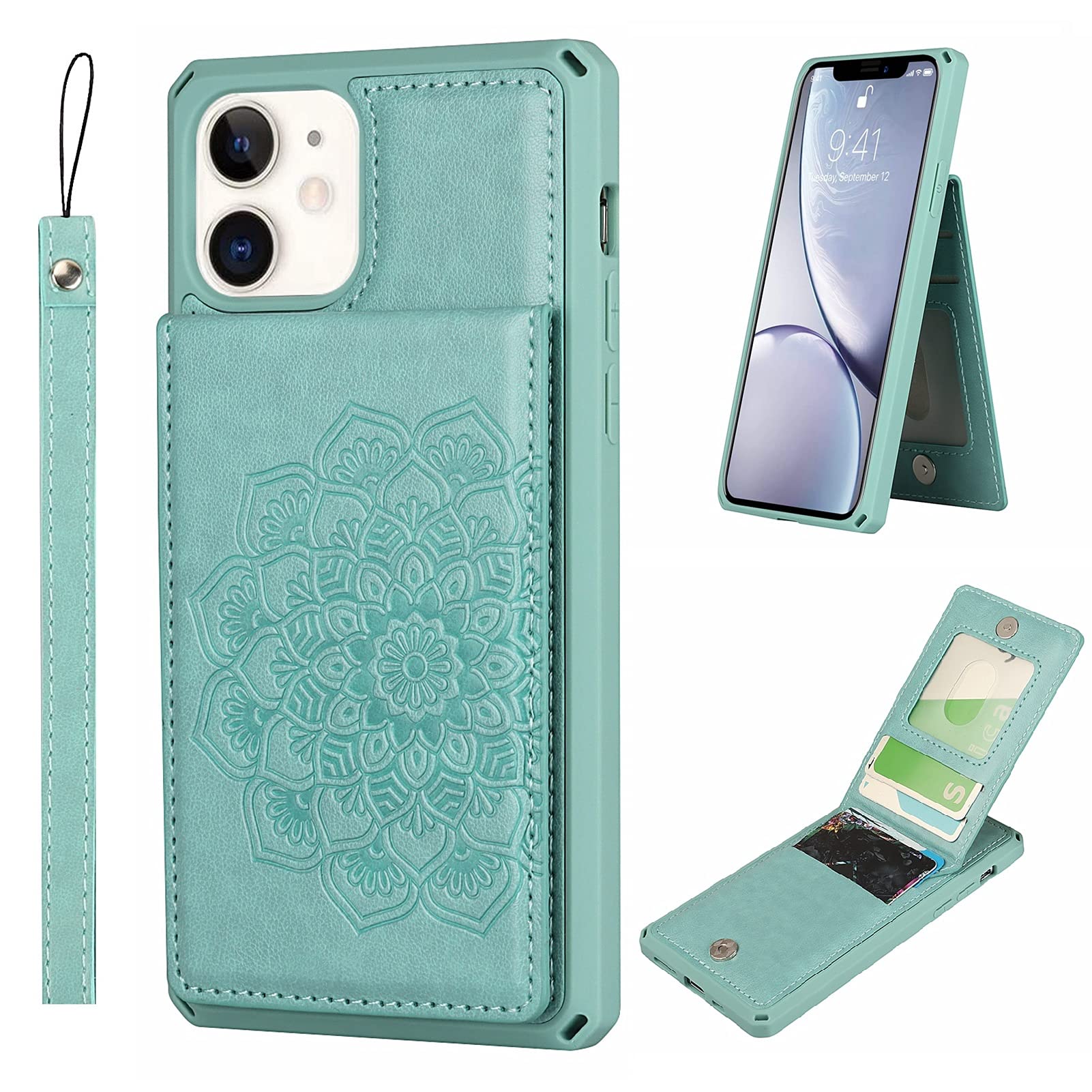 Jaorty RFID Blocking Wallet Case for iPhone 11 (6.1 Inch) - PU Leather Magnetic Flip Cover with Card Holder, Wrist Strap & Stand Feature - Mandala Green Design for Women | Perfect for Daily Commute, Shopping & Travel Protection