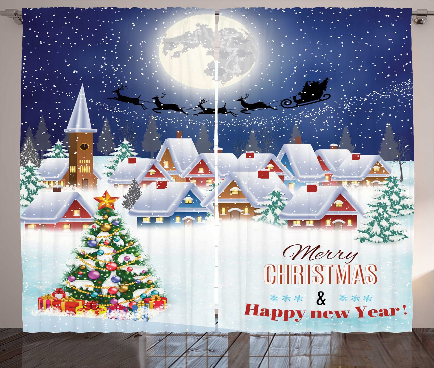 Ambesonne Christmas Curtains - Moon Santa Claus Reindeer Winter Sky Village Illustration - 2 Panel Window Drapes for Living Room & Bedroom - 108
