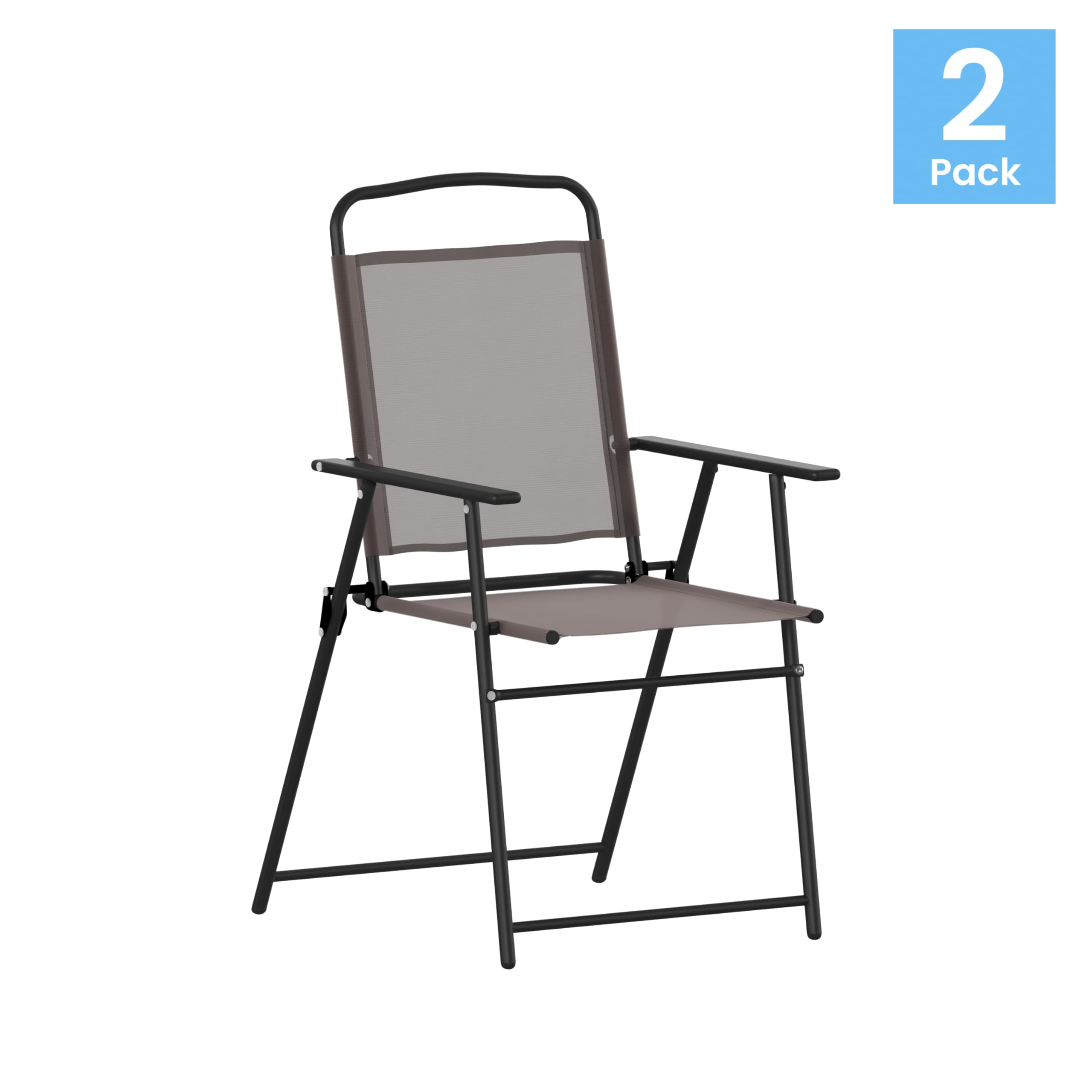 Flash Furniture Mystic Folding Patio Sling Chairs - Set of 2 Brown Textilene Outdoor Lawn Chairs with Armrests | Perfect for Backyard, Poolside & Garden Relaxation