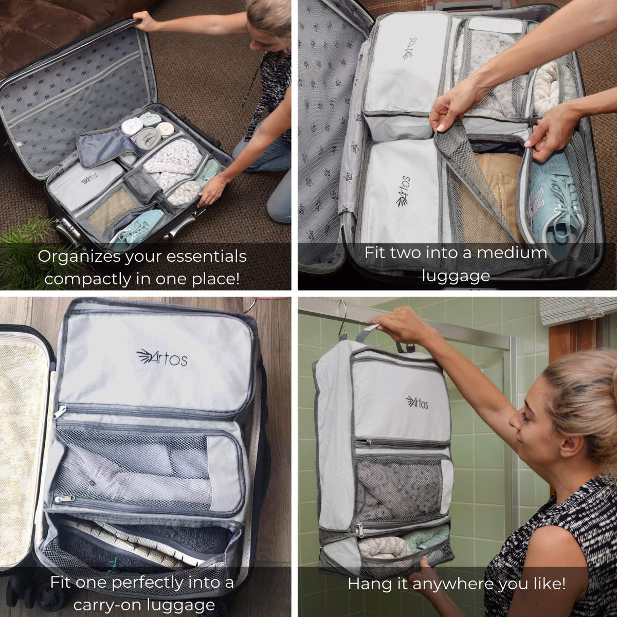 Artos Hanging Portable Luggage Organizer with Hooks - Travel Suitcase Storage for Carry-On, RV & Camping | Packing Cube for Clothes & Accessories | Space-Saving Grey Shelving Solution (Ideal for Business Trips, Vacations & Road Trips)