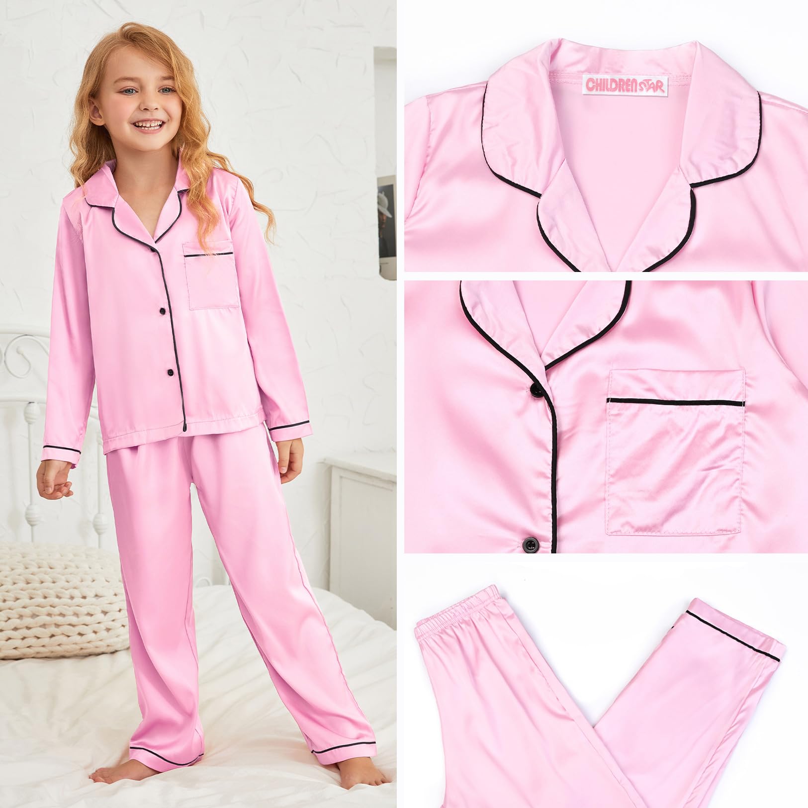 Girls Boys Satin Pajama Sets - Kids Silk Button-Down Matching Sleepwear for Fall & Winter - Cozy Lounge & Bedtime Outfits for Family Movie Nights & Sleepovers