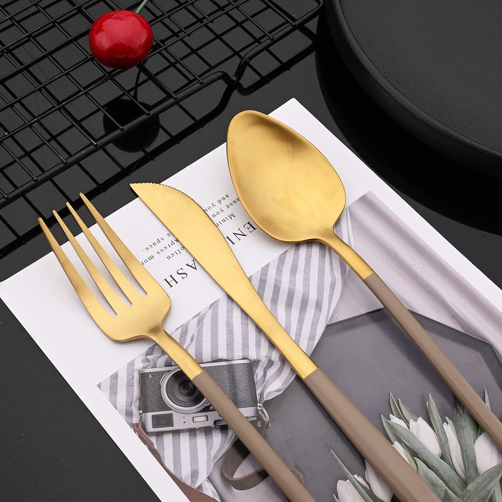 JASHII 24-Piece Matte Brown and Gold Flatware Set for 6 - Stainless Steel Cutlery with Knives, Forks, Spoons & Teaspoons | Dishwasher Safe & Durable | Perfect for Dining, Entertaining & Everyday Use