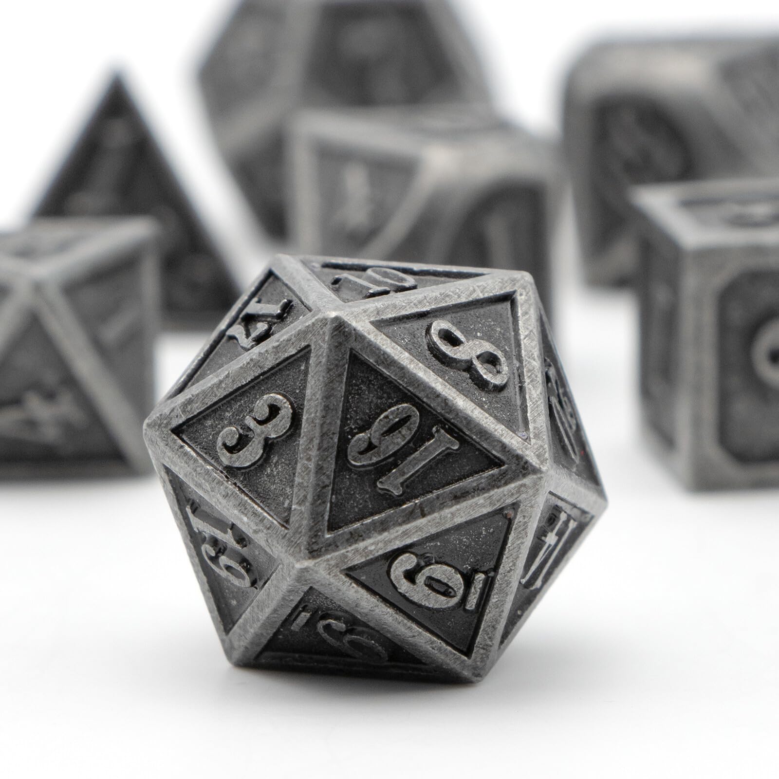 Premium Metal Dice Set for Dungeons & Dragons RPG - 7-Piece Polyhedral DND Dice (D20, D12, D10, D8, D6, D4) in Ancient Silver Finish - Perfect for Tabletop Gaming, MTG, Pathfinder & Shadowrun Adventures
