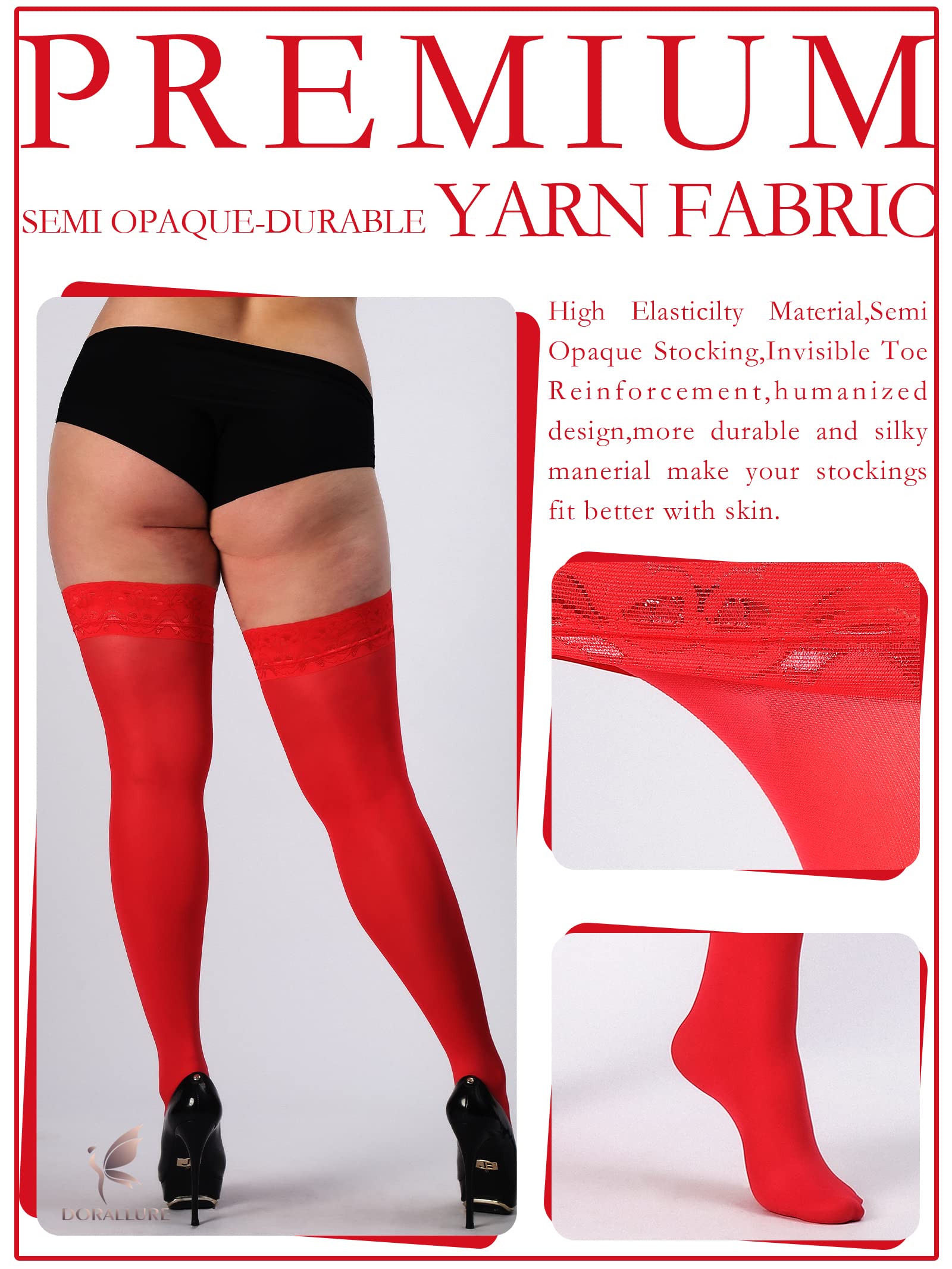 DORALLURE Plus Size Thigh High Stockings for Women - Silicone Lace Top Stay Up, Silky Nylon Pantyhose with Non-Slip Grip | Perfect for Weddings, Date Nights & Office Wear