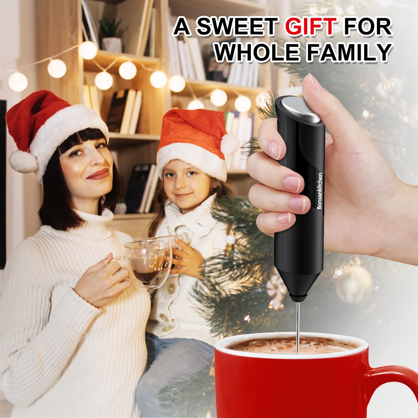 Bonsenkitchen Powerful Milk Frother for Coffee & Latte - Handheld Battery Operated Drink Mixer with Stainless Steel Whisk - Perfect for Cappuccino, Hot Chocolate & Smoothies at Home or Office