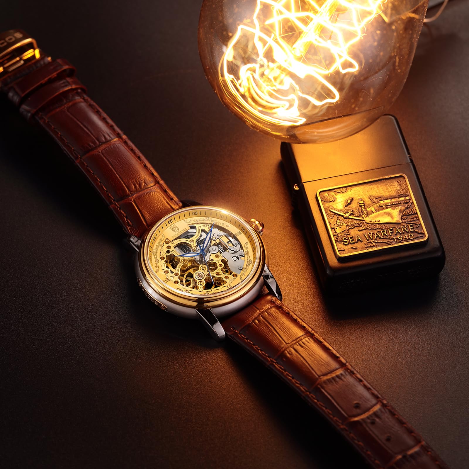 Luxury Automatic Mechanical Watch for Men - Gold Skeleton Dial, Brown Leather Strap, Luminous Hands, Waterproof - Perfect Business & Dress Watch - Ideal Gift for Him (Model R0142)