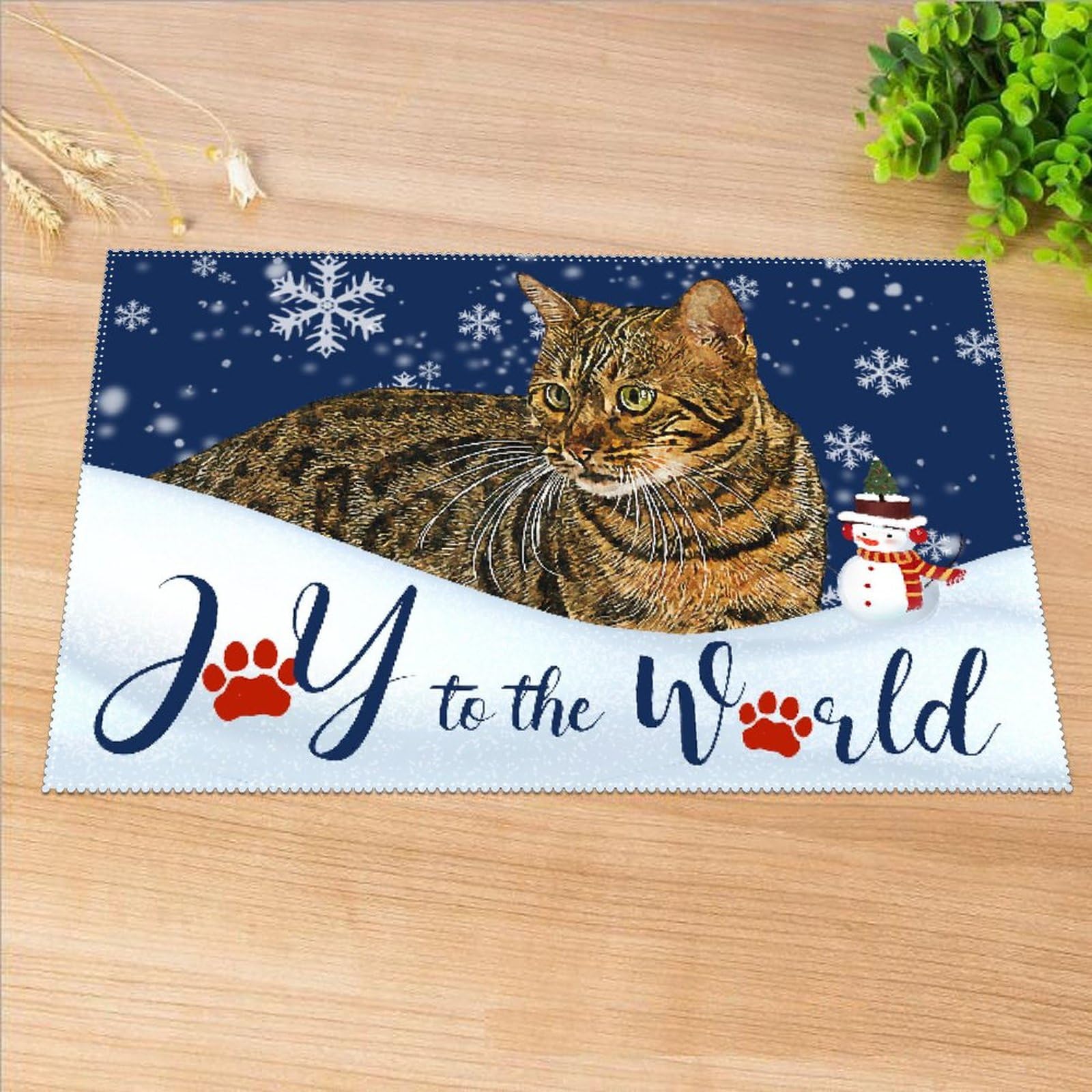 Joy to The World Winter Snowmen Cat Boho Place Mats - 12x18 Inch Washable Oxford Fabric Dining Table Mats - Elegant & Durable Kitchen Placement for Holiday Decor, Christmas Dinner, and Everyday Use