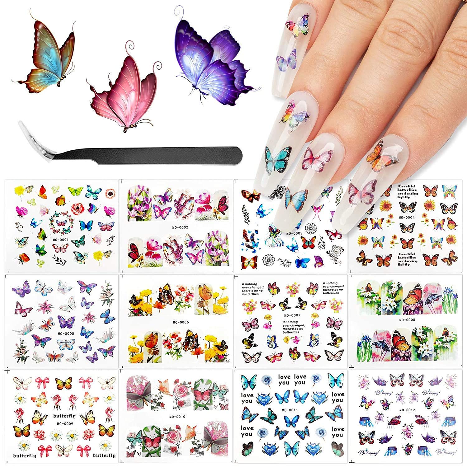 12PCS Colorful Nail Water Transfer Decals - Flower Pattern Nail Art Stickers for Gel & Dip Powder Nails - DIY Manicure Design with Tweezers - Perfect for Home, Salon & Party Nail Decoration