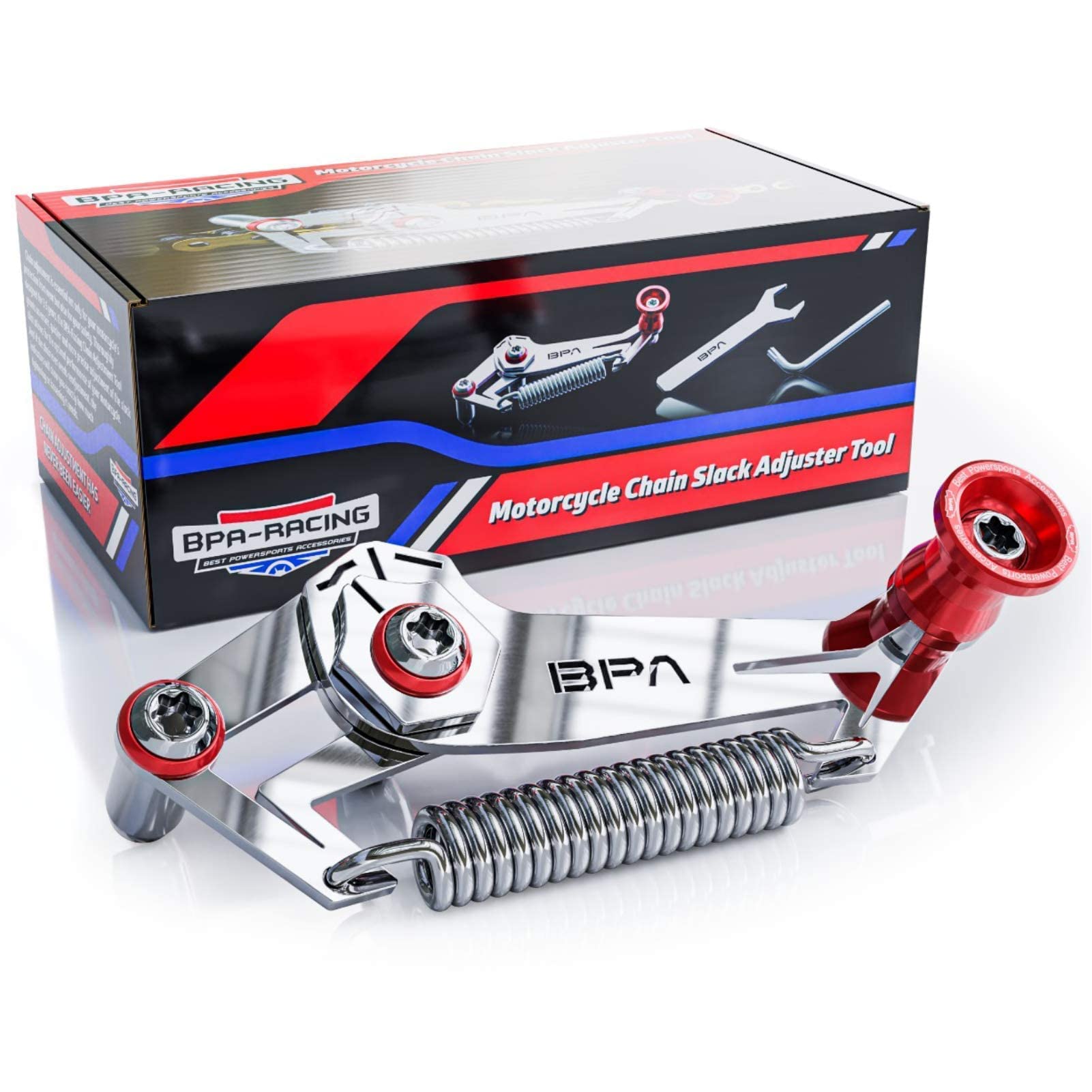 BPA-RACING Motorcycle Chain Slack Adjuster Tool - Quick & Precise Chain Tensioning Tool for Dirt Bikes, Cruisers & Sport Bikes - Red Chain Slack Setter for Easy DIY Maintenance & On-the-Go Adjustments