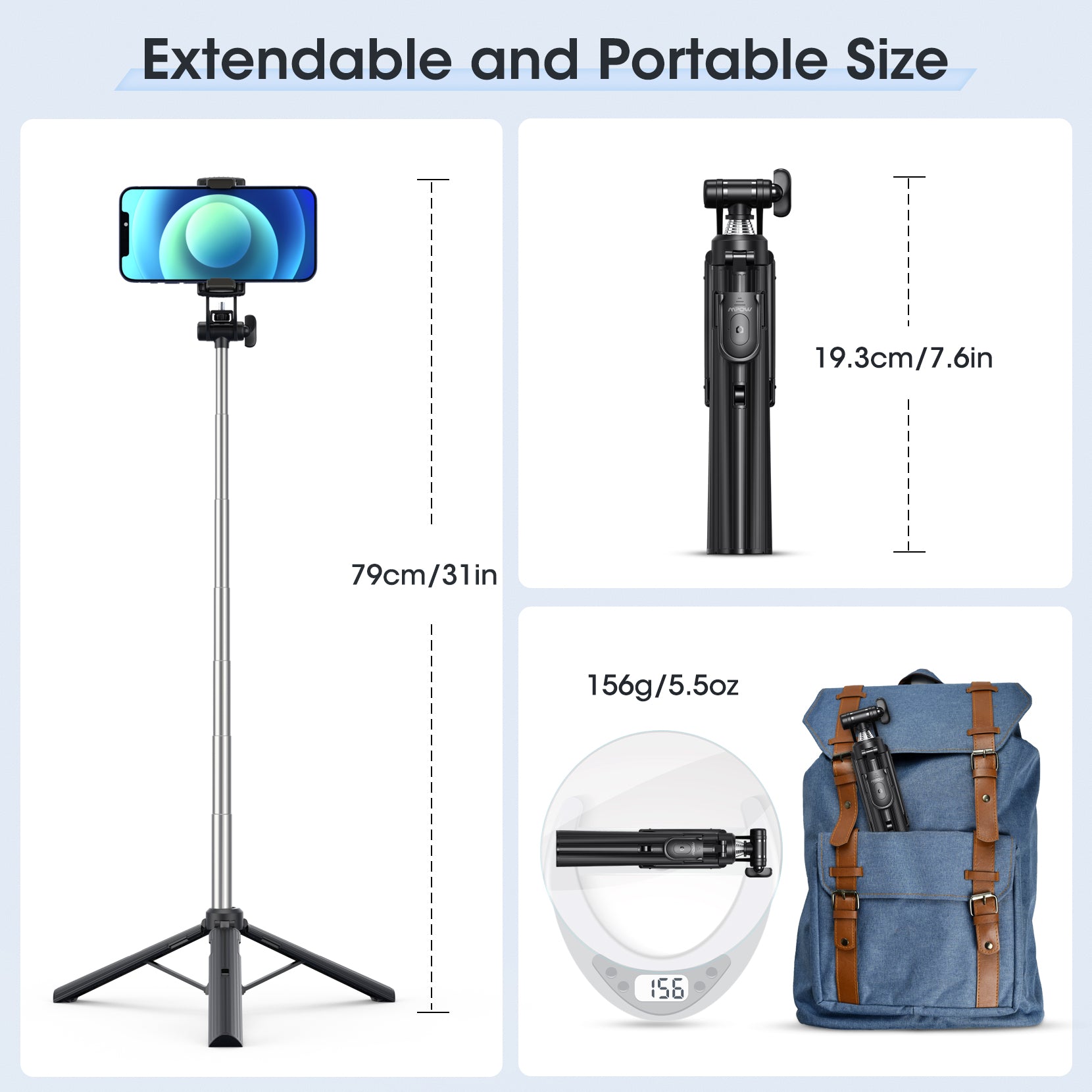 Mpow Extendable Phone Tripod Stand with Bluetooth Remote - Adjustable, Stable Bracket for iPhone & Android - Perfect for Vlogging, Live Streaming & Photography