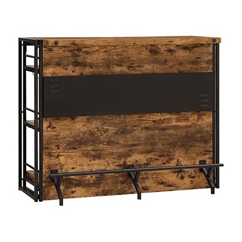 Industrial Style Home Bar Counter Unit with Stemware Rack - Antique Nutmeg Finish for Modern Kitchen, Dining Room or Man Cave Decor