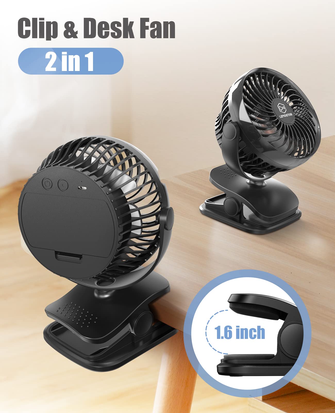 LEMOISTAR Battery Operated Clip on Fan - 4 Speed Ultra Quiet Portable Fan with Adjustable Angle, AA/USB Powered for Baby Stroller, Desk, Camping & Outdoor Use - Perfect for Nursery, Office, Travel and Summer Activities