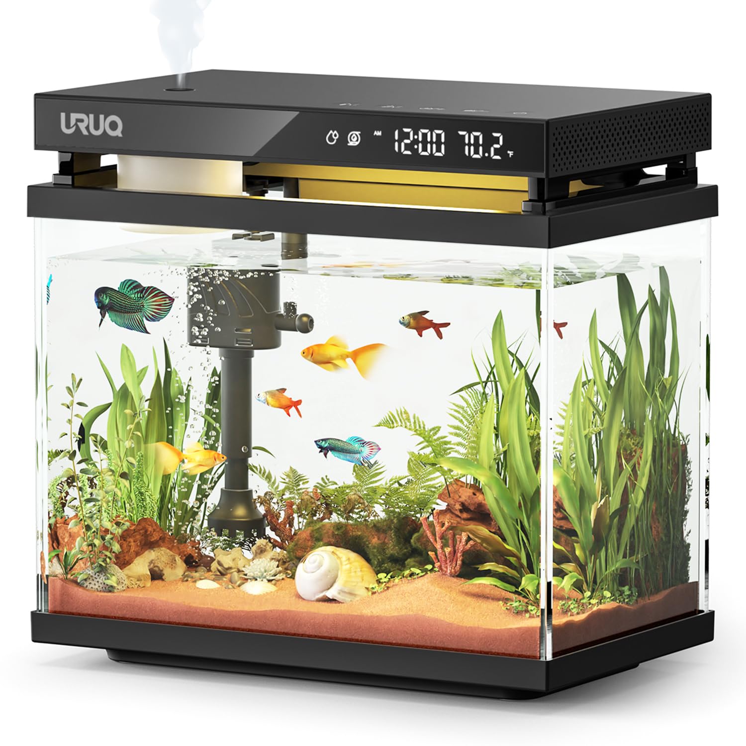 Smart Aquarium Kit - 2 Gallon UHD Glass Fish Tank with Silent Water Pump, Self-Cleaning System, Temperature Monitor & Essential Oil Diffuser | 7-Color LED Lights, Multi-Layer Filtration | Perfect for Home, Office, Bedroom Decor & Relaxation Therapy