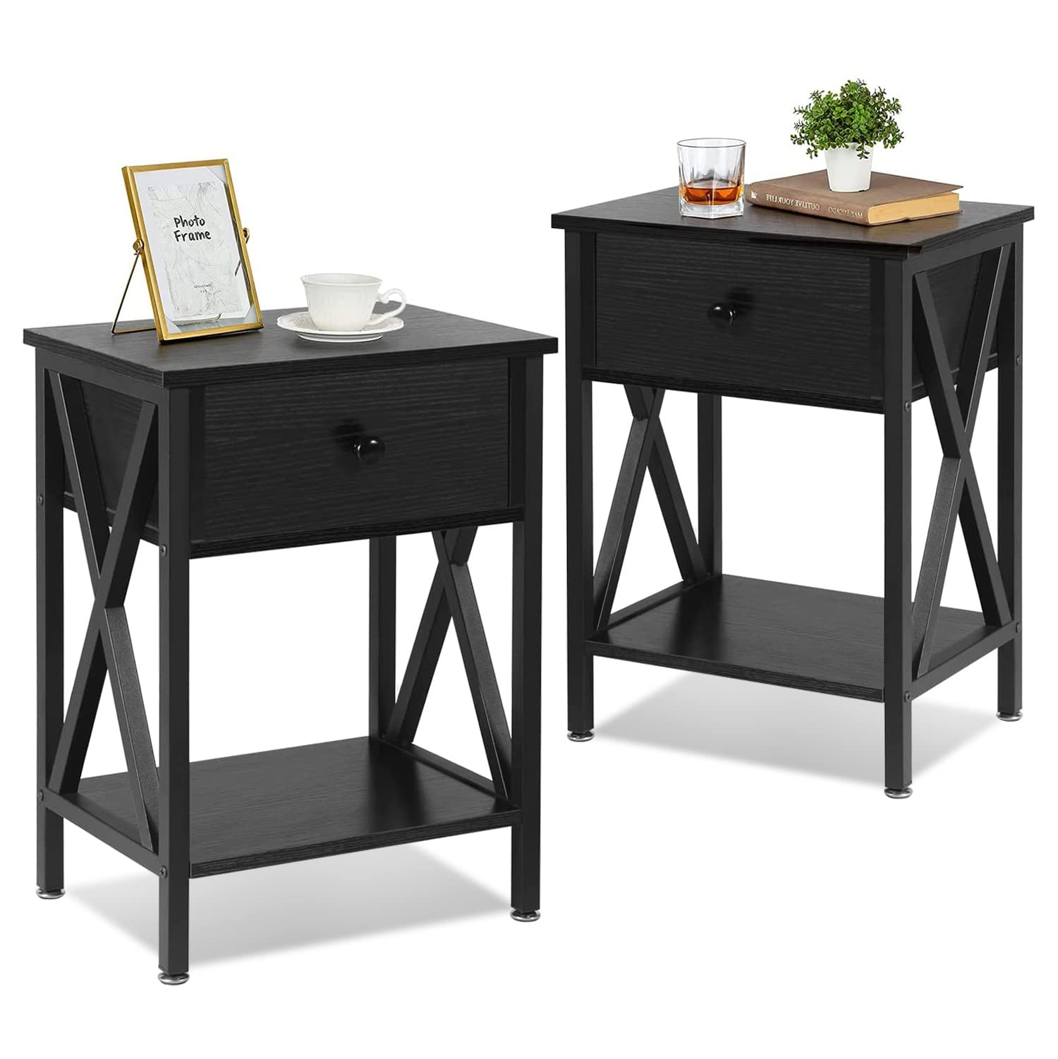 VECELO Modern Night Stands - Set of 2 Bedside Tables with Drawer & Storage Shelf, X-Design End Tables for Bedroom & Living Room - Classic Black - Perfect for Small Spaces, Apartment Essentials & Home Decor