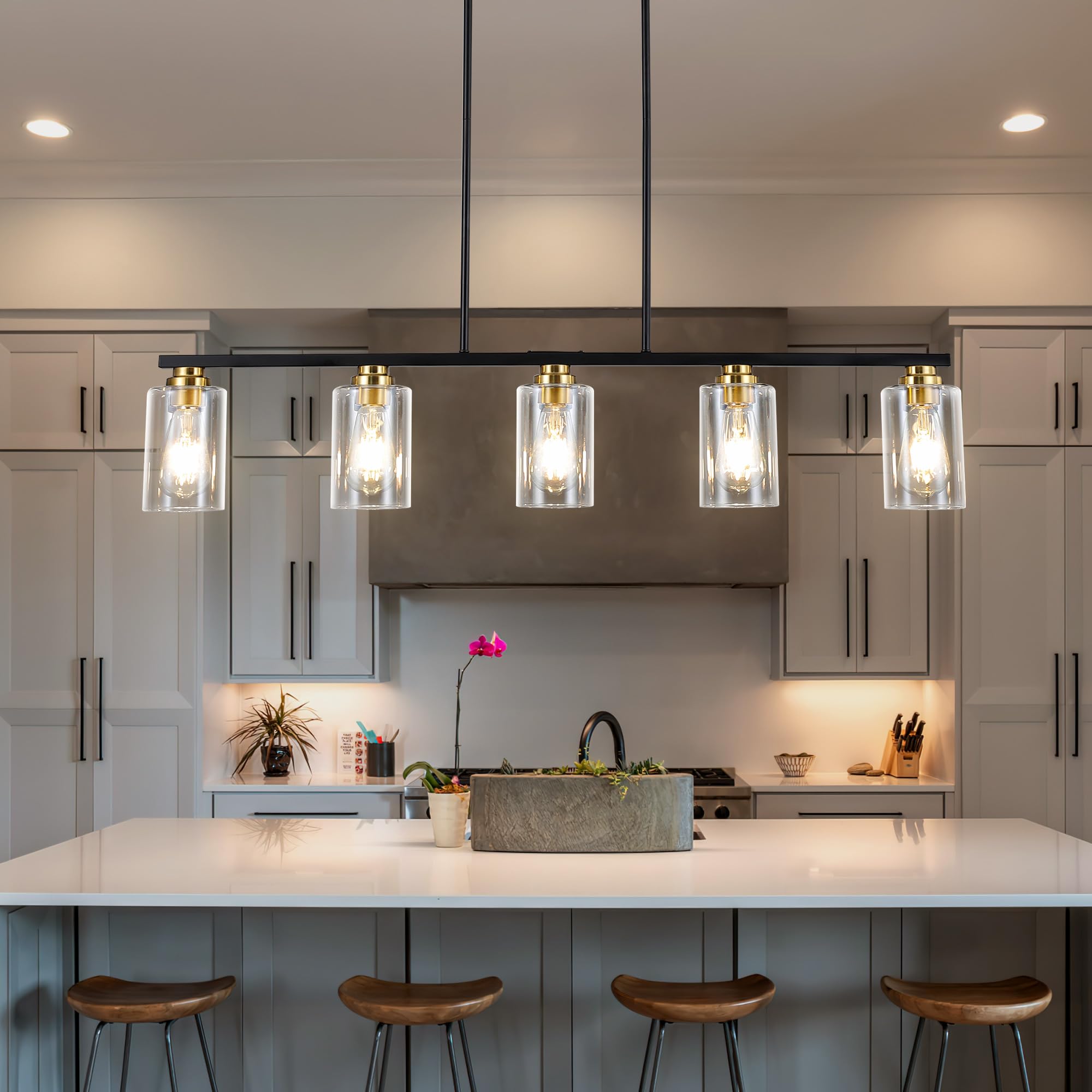 Black and Gold 5-Light Linear Chandelier - Modern Pendant Lighting for Kitchen Island, Dining Table & Living Room | Dimmable LED Fixture for Home Decor & Ambient Lighting