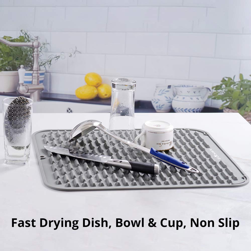 Premium Silicone Dish Drying Mat - 18x16 Inch Large Waterproof Countertop Protector, Non-Slip Sink Liner & Heat Resistant Trivet with Free Cleaning Brush (Cool Gray) - Perfect for Kitchen Counter, Dish Rack Alternative & Drying Utensils