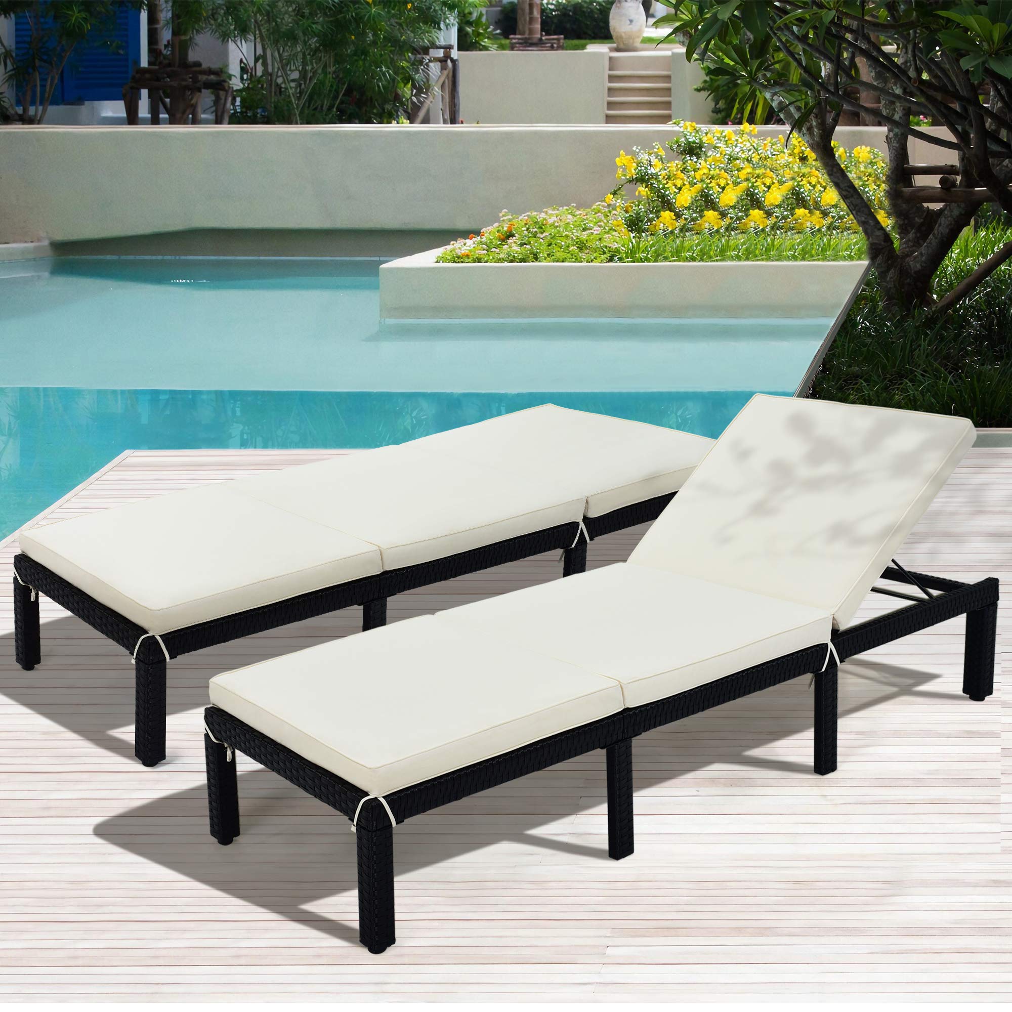 LZ LEISURE ZONE Adjustable PE Rattan Wicker Chaise Lounge Chair - Outdoor Patio Furniture Set with Sunbed - Perfect for Poolside, Porch, Garden, and Backyard Relaxation (Beige & Black, 1-Piece)
