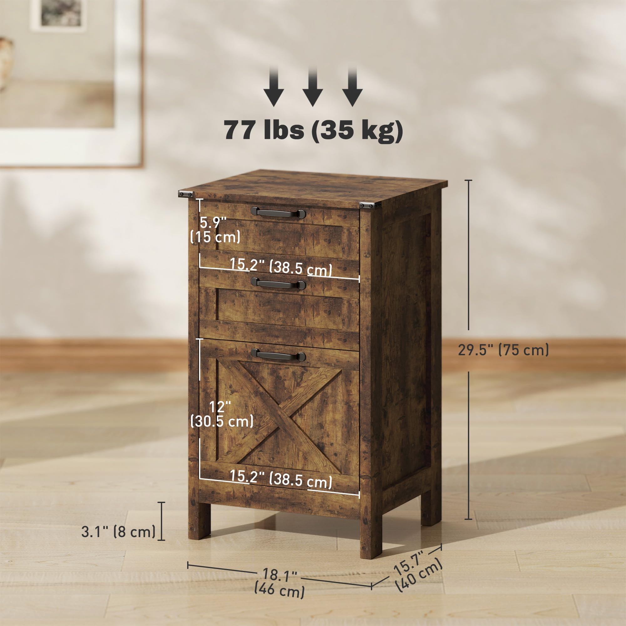 HOMCOM 3-Drawer Vertical File Cabinet with Silent Slides - Rustic Brown Farmhouse Office Storage for A4/Letter Documents, Printer Stand - Perfect for Home Office Organization & Workspace Storage Solutions