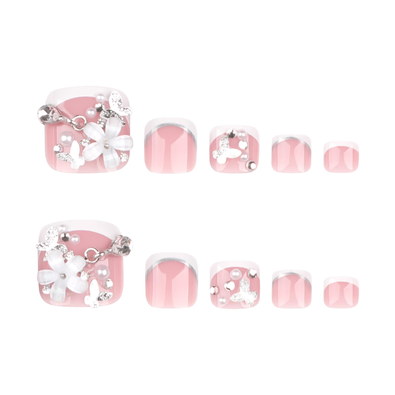 3D White Flower French Tip Press On Toenails - Short Square Fake Toenails with Pearl Accents | Glossy Full Cover False Nails for Summer Pedicure Decorations | Perfect for Beach Vacations, Weddings & Nail Art Enthusiasts