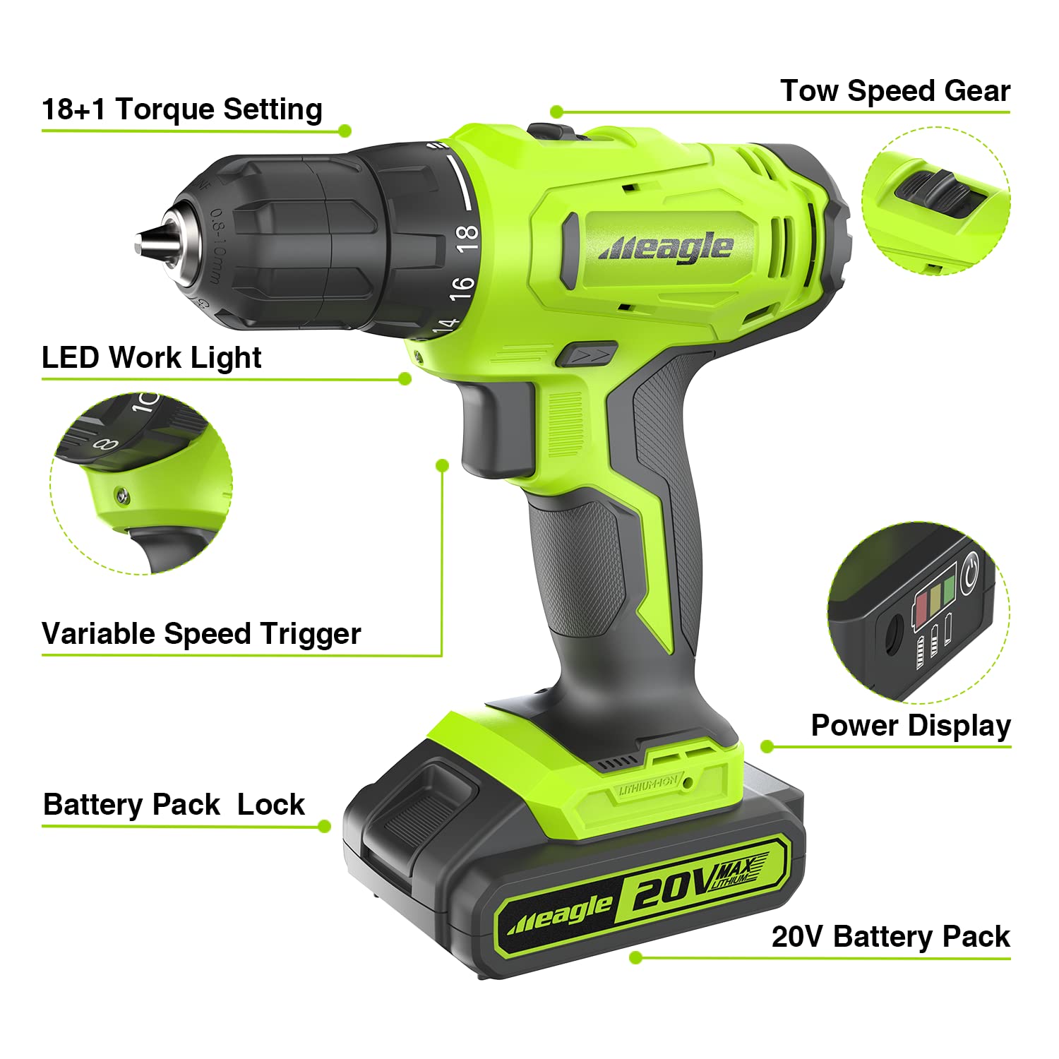 20V Cordless Power Drill Set with Battery & Charger - 2 Variable Speed Electric Drill, 18+1 Torque Settings, 3/8
