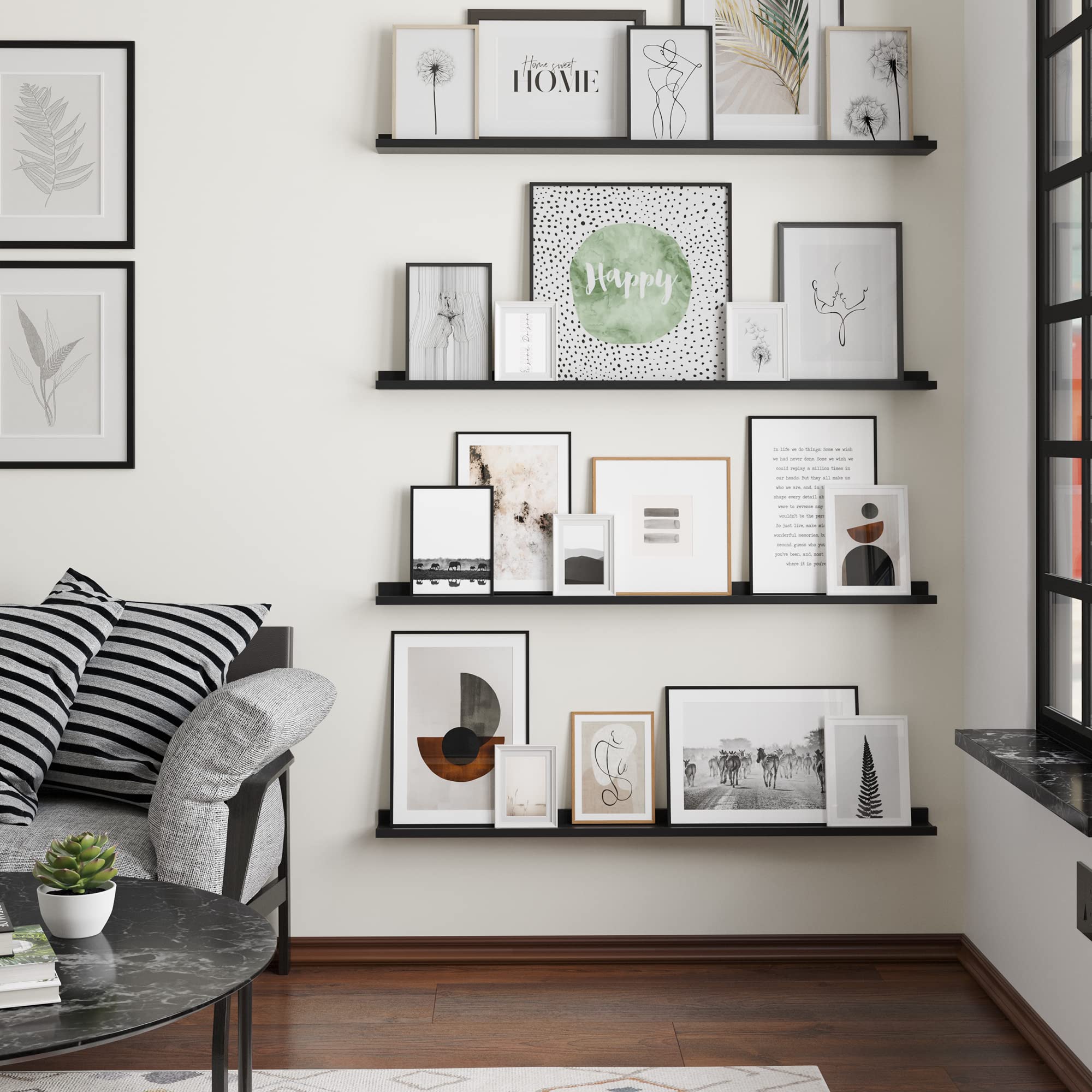 Wallniture Denver 46-Inch Floating Wall Shelves Set of 4 - Black Picture Ledge Shelf for Picture Frames, Home Decor & Display - Perfect for Living Room, Bedroom & Office Organization