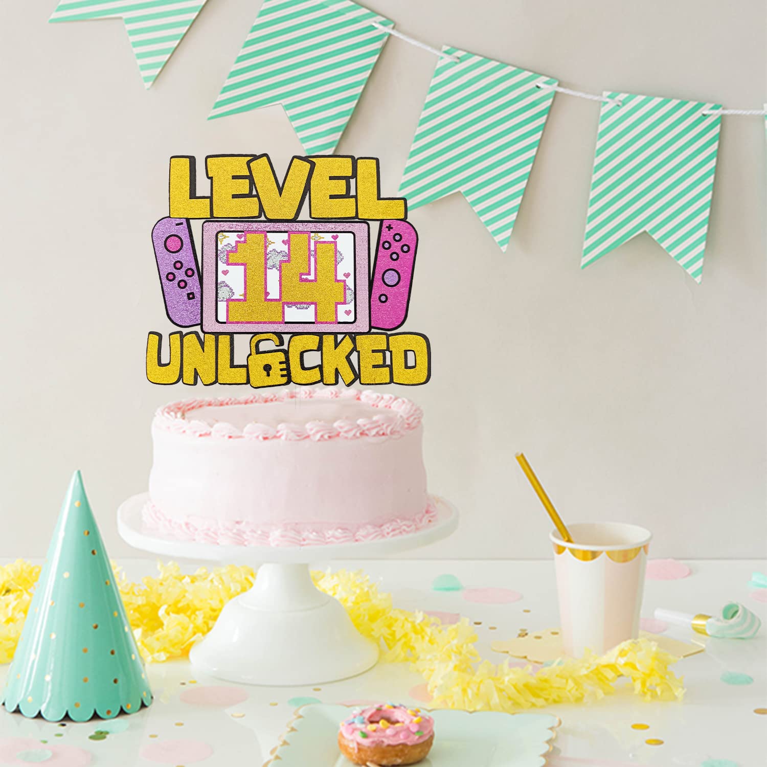 Girls Level 14 Unlocked Glitter Cake Topper - Video Game Themed Birthday Party Decoration for Girl Gamers | Perfect for 14th Birthday Cakes, Gaming Parties & Gamer Favors