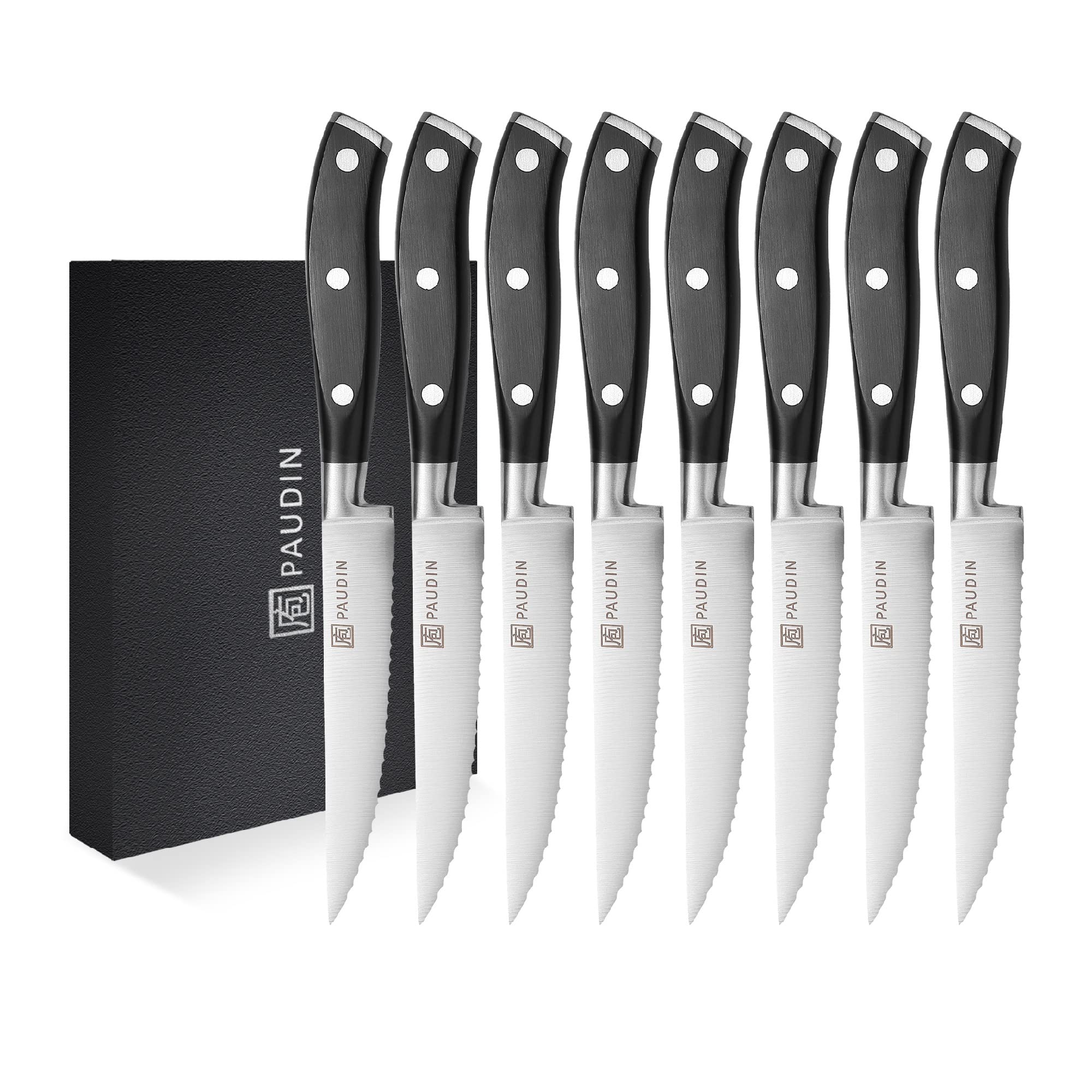 PAUDIN 8-Piece Steak Knife Set - 4.5 Inch High Carbon Stainless Steel Serrated Blades with Full Tang Forged Construction & Black ABS Handle - Perfect for Home Kitchen, Restaurant Dining, BBQ Parties, and Steakhouse-Style Meals
