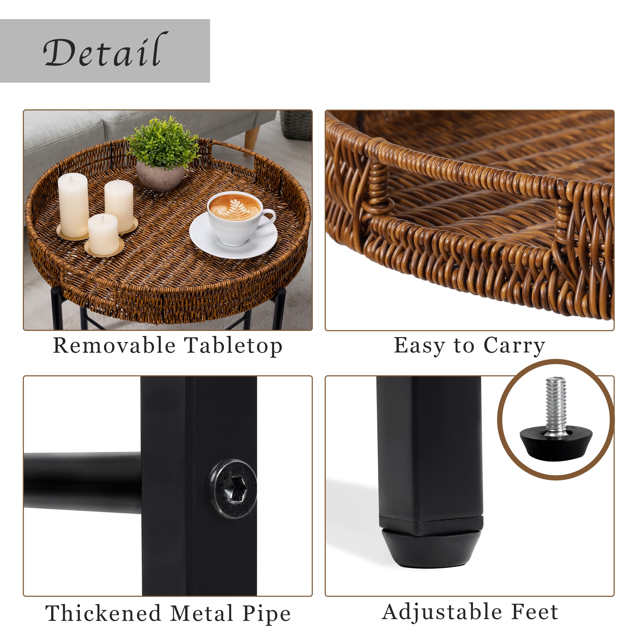 Brown Small Round Rattan End Table - 19 Inch Wicker Side Table for Sofa, Indoor & Outdoor Use - Perfect for Patio, Living Room, Bedroom, and Office Decor