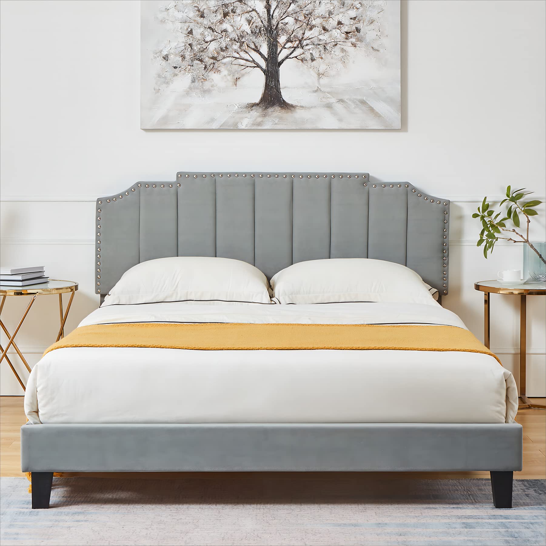 Cozy Castle Queen Size Bed Frame with Adjustable Headboard - Cool Linen Platform Bed with Wood Slat Support, No Box Spring Needed, Inlaid Rivet Elements (Grey) - Perfect for Master Bedrooms, Guest Rooms & Modern Apartments