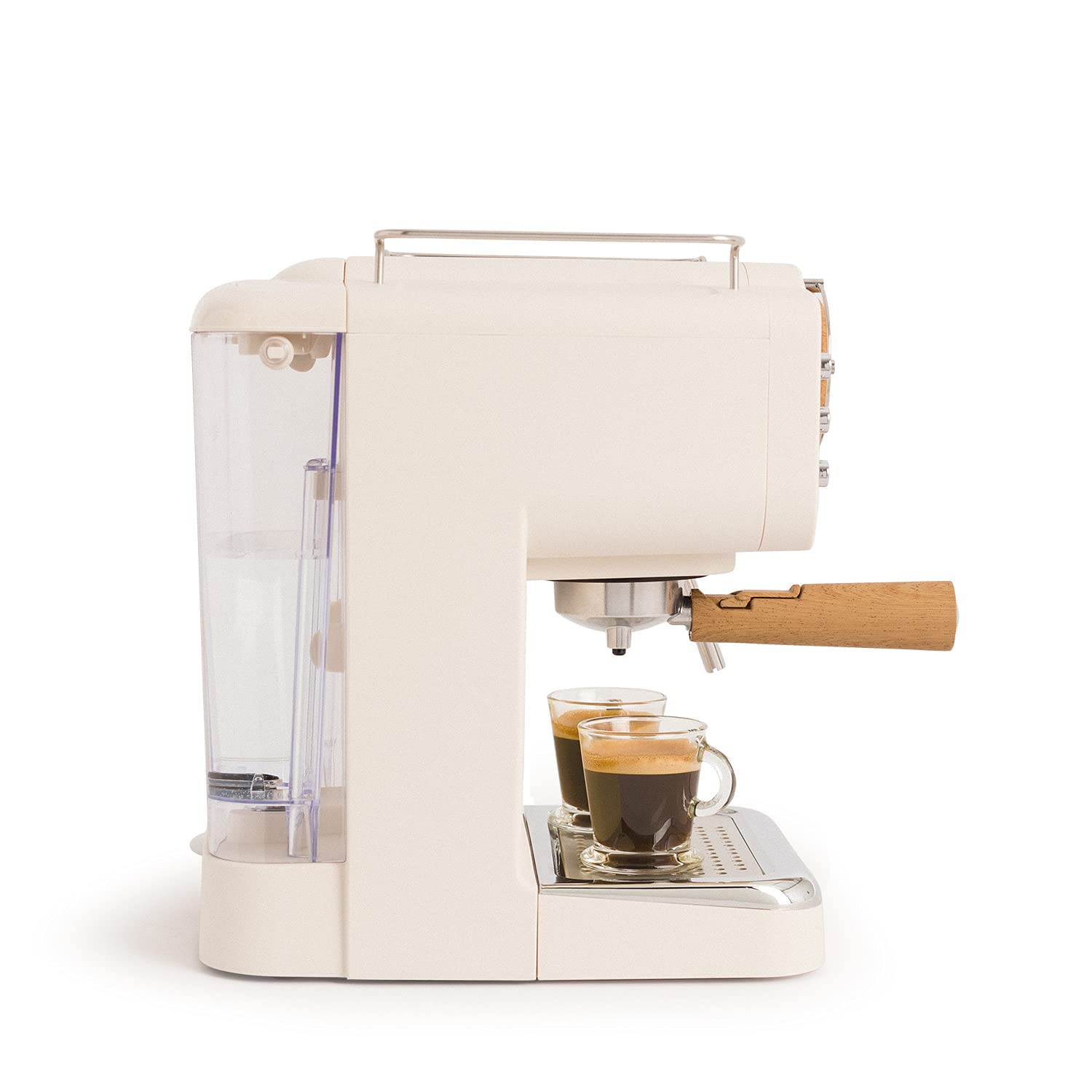 CREATE / THERA RETRO Semi-Automatic Espresso Machine - Matte White & Wood, 20 Bar Pressure, Dual Spout Portafilter, 1.25L Water Tank, Ground Coffee & ESE 55mm Pod Compatible, Steam Wand, 1100W - Perfect for Home Baristas & Coffee Lovers